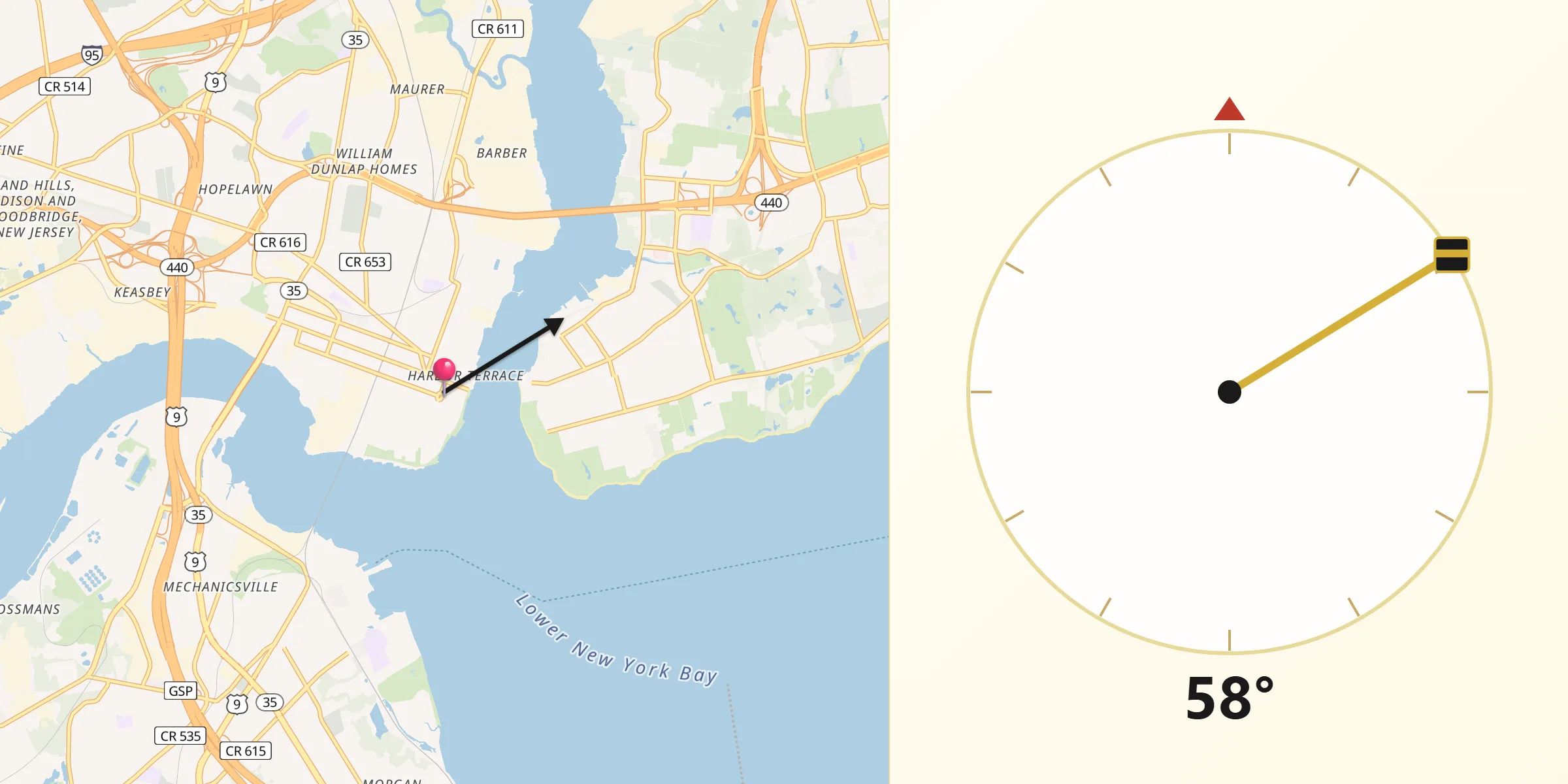 Qibla Direction from Perth Amboy