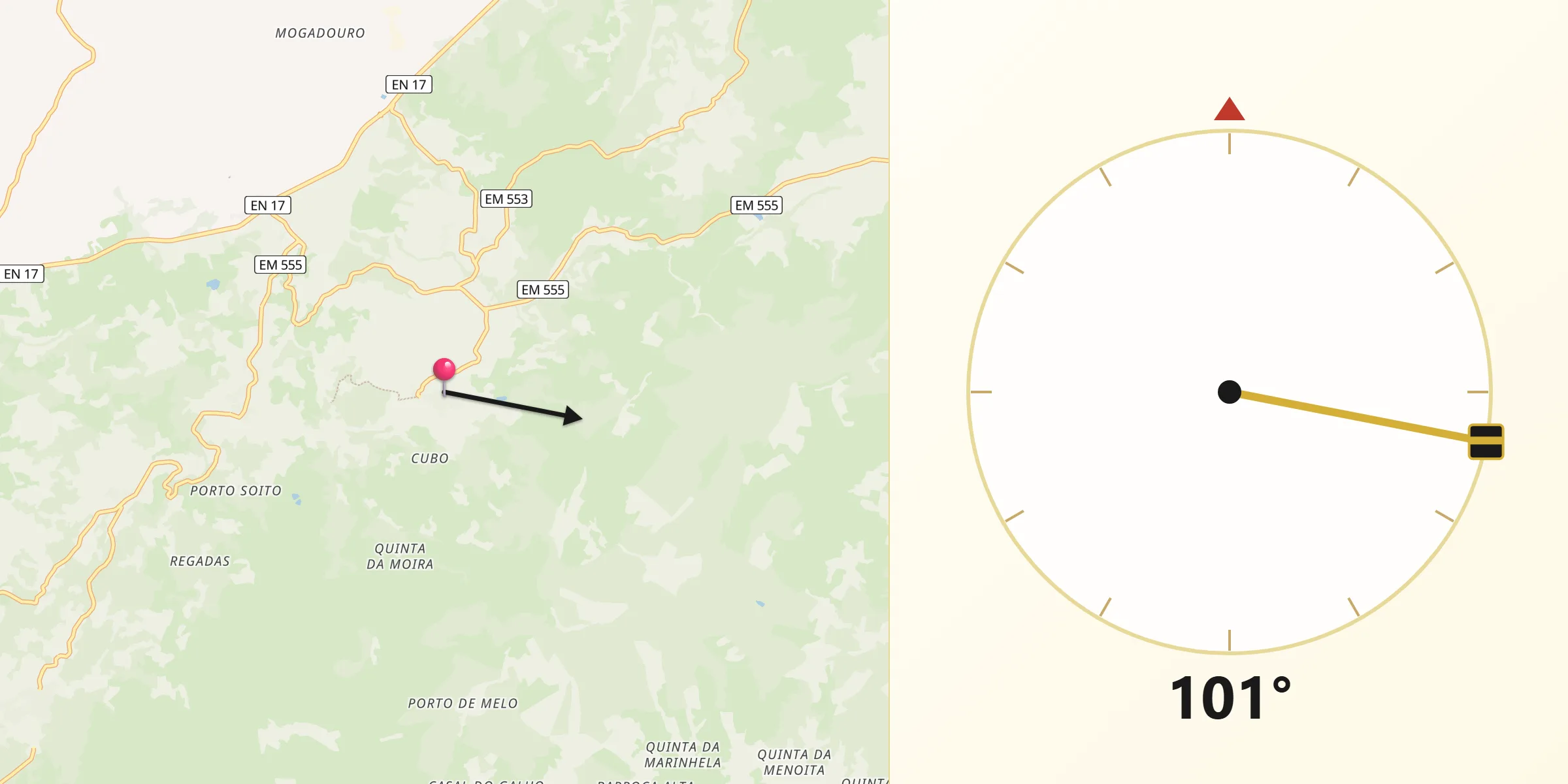 Direção da Qibla a partir de Linhares (Celorico da Beira)