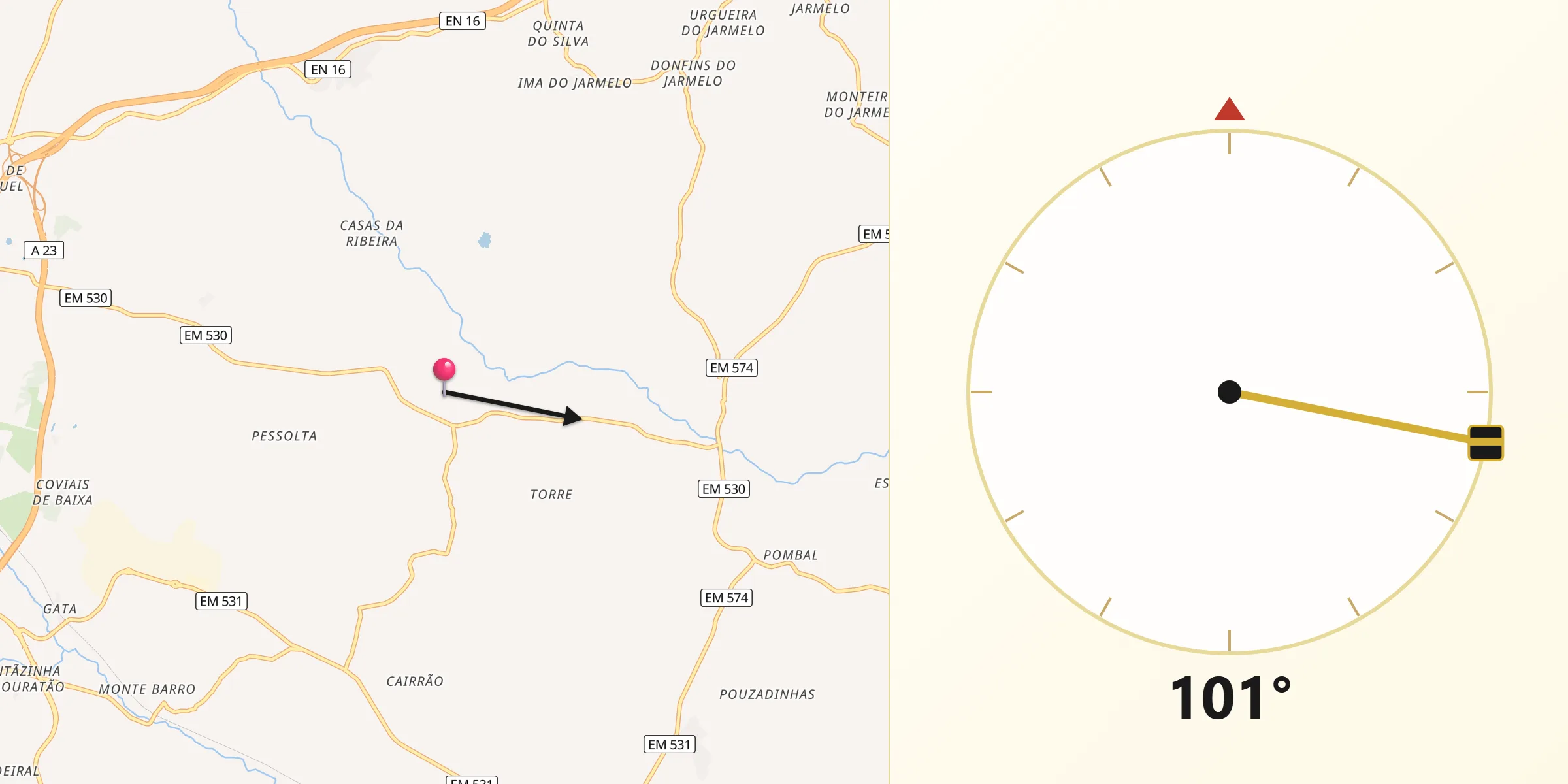 Direção da Qibla a partir de Casal de Cinza