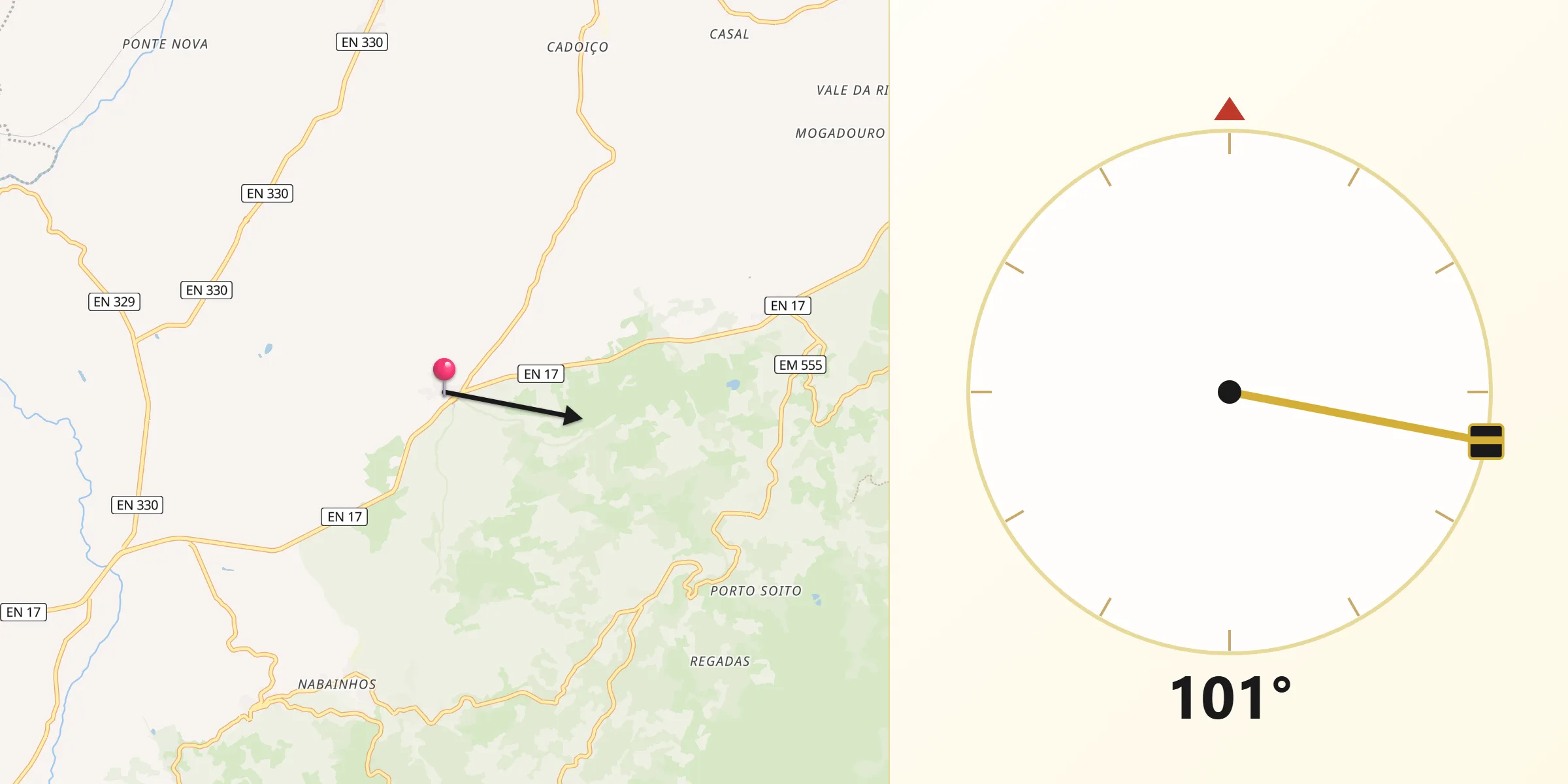 Direção da Qibla a partir de Vila Cortês da Serra