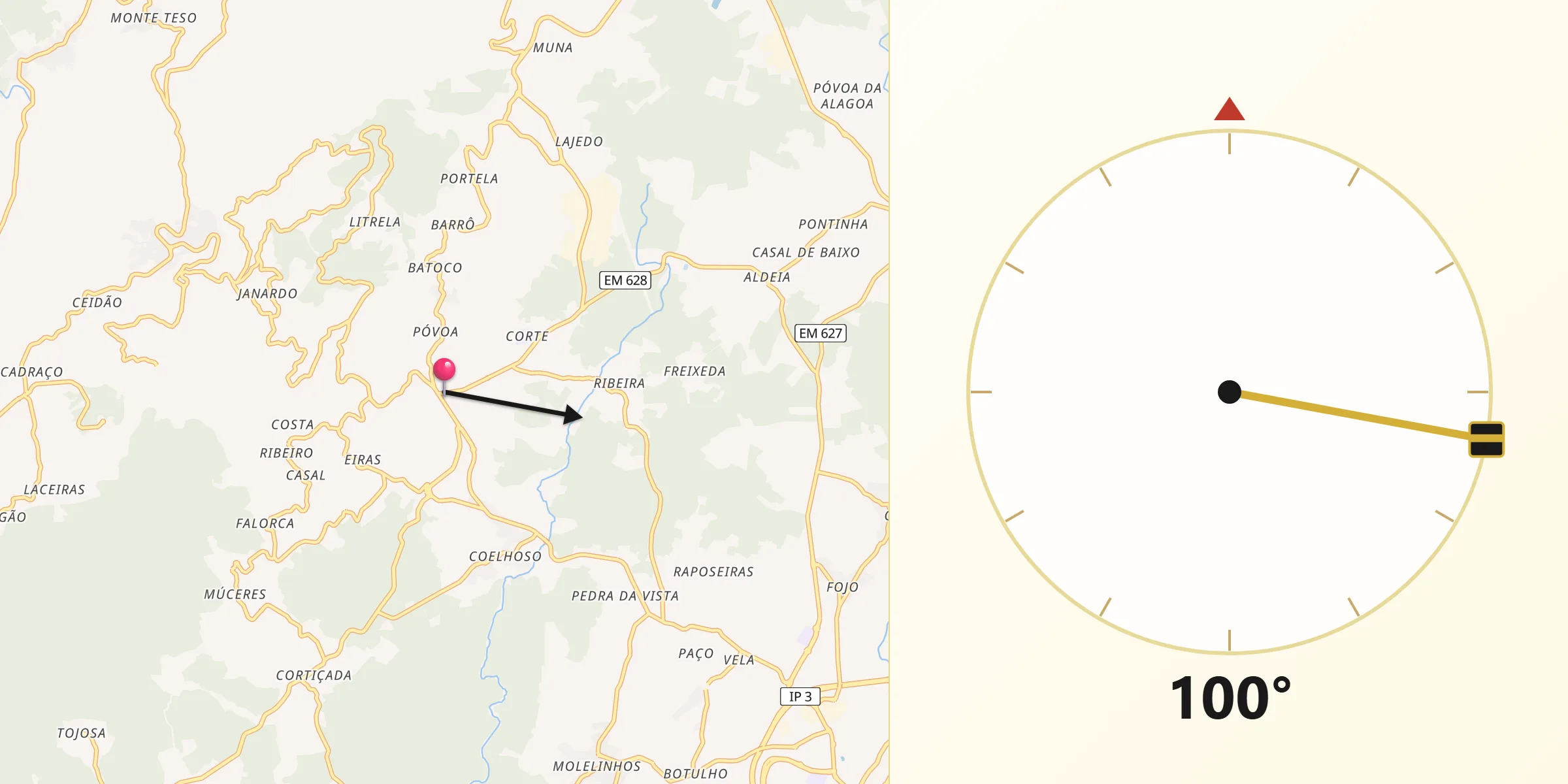 Direção da Qibla a partir de Campo de Besteiros