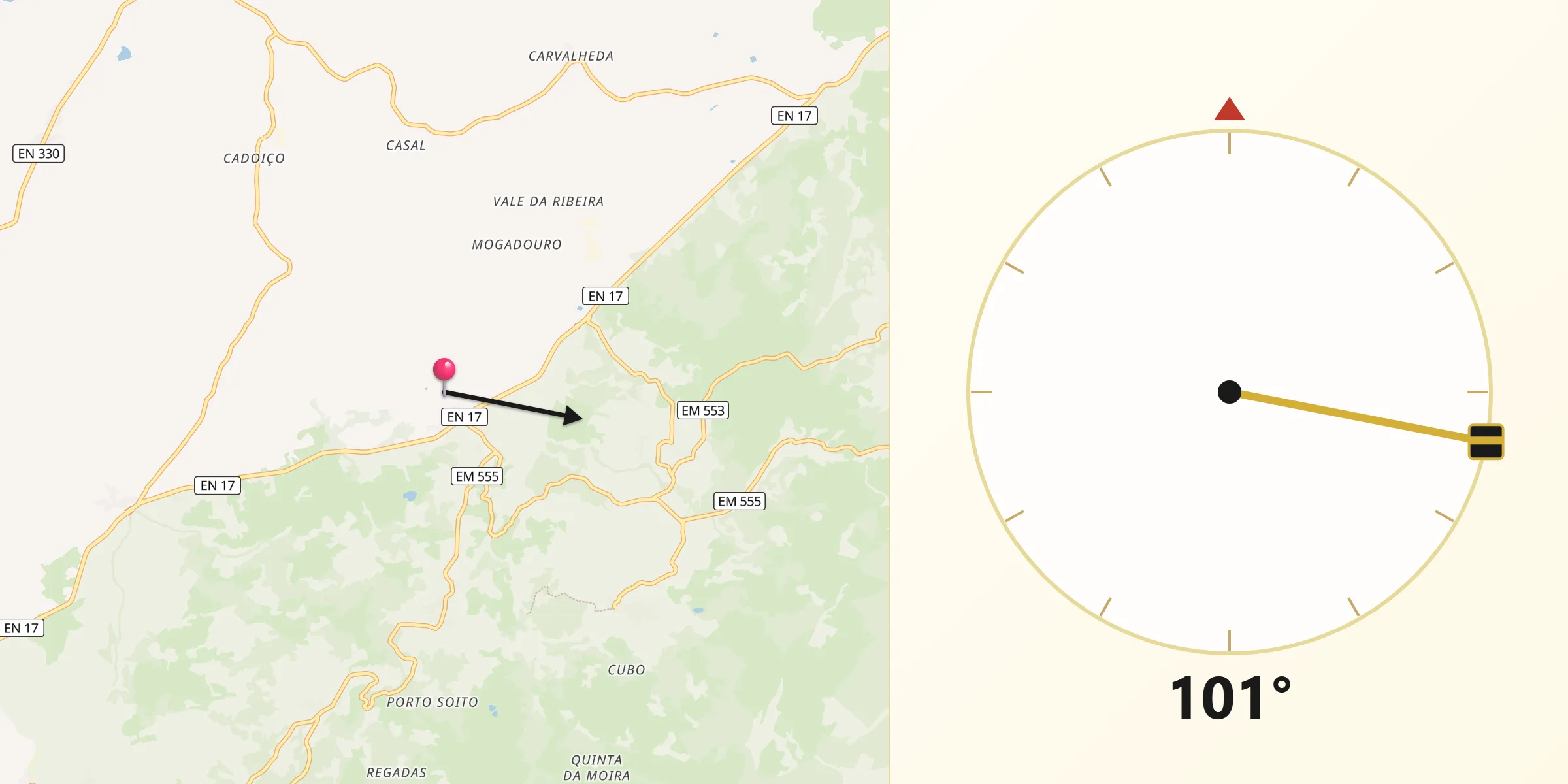 Direção da Qibla a partir de Carrapichana