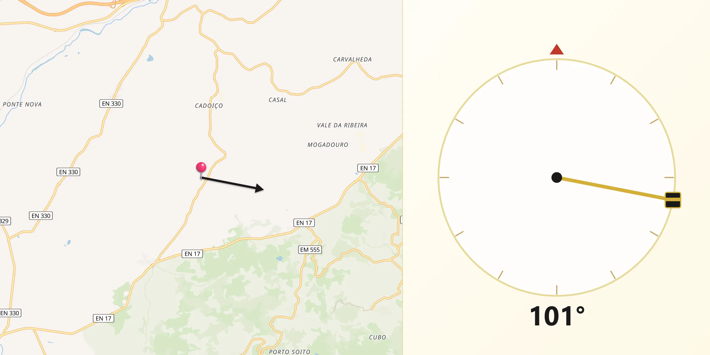 Direção da Qibla a partir de Vila Ruiva