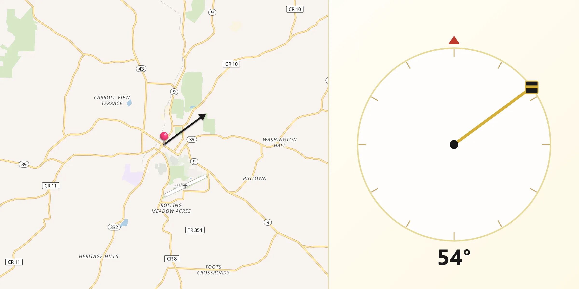 Dirección de la Qibla desde Carrollton