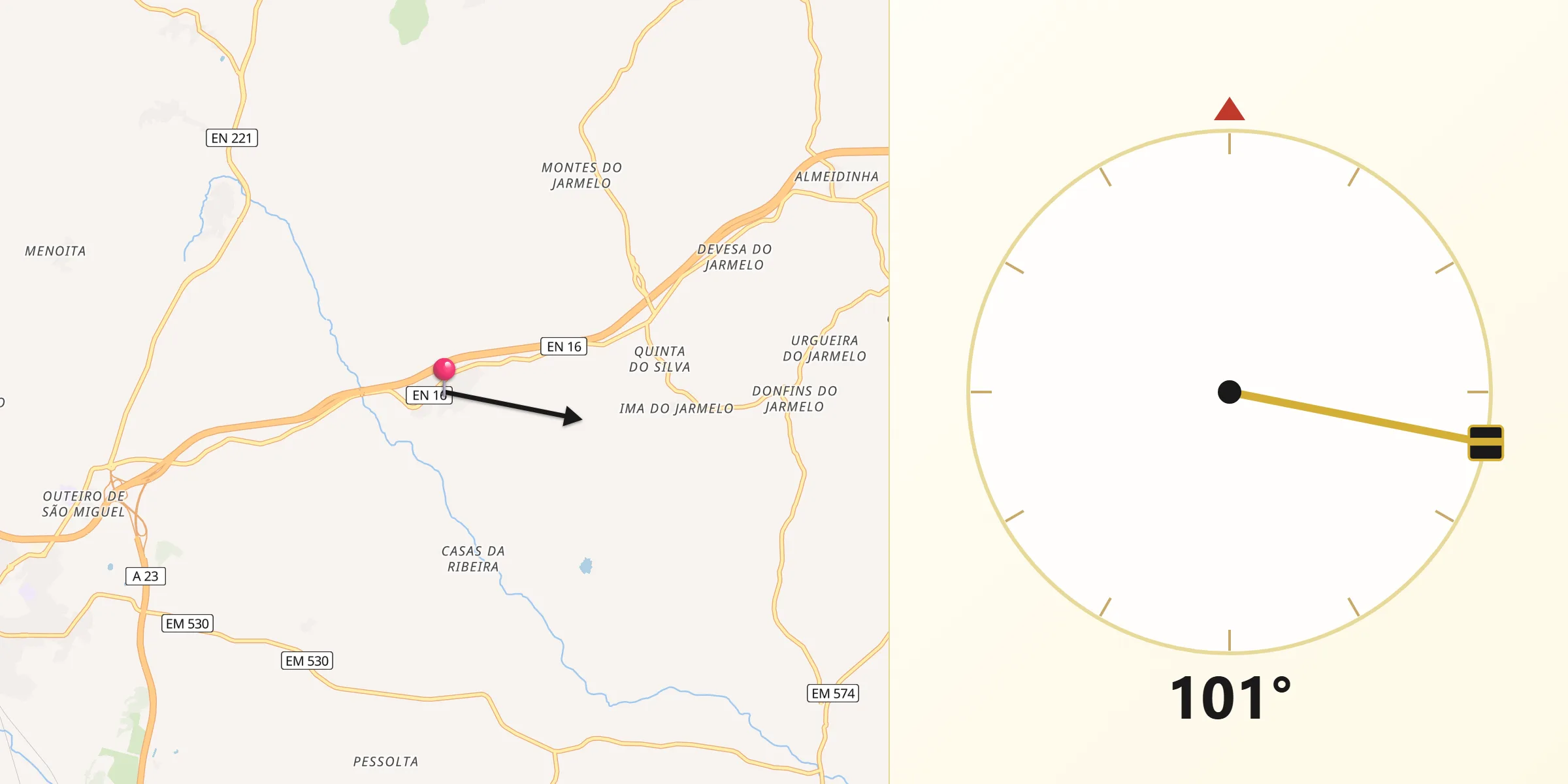 Direção da Qibla a partir de Gonçalo Bocas