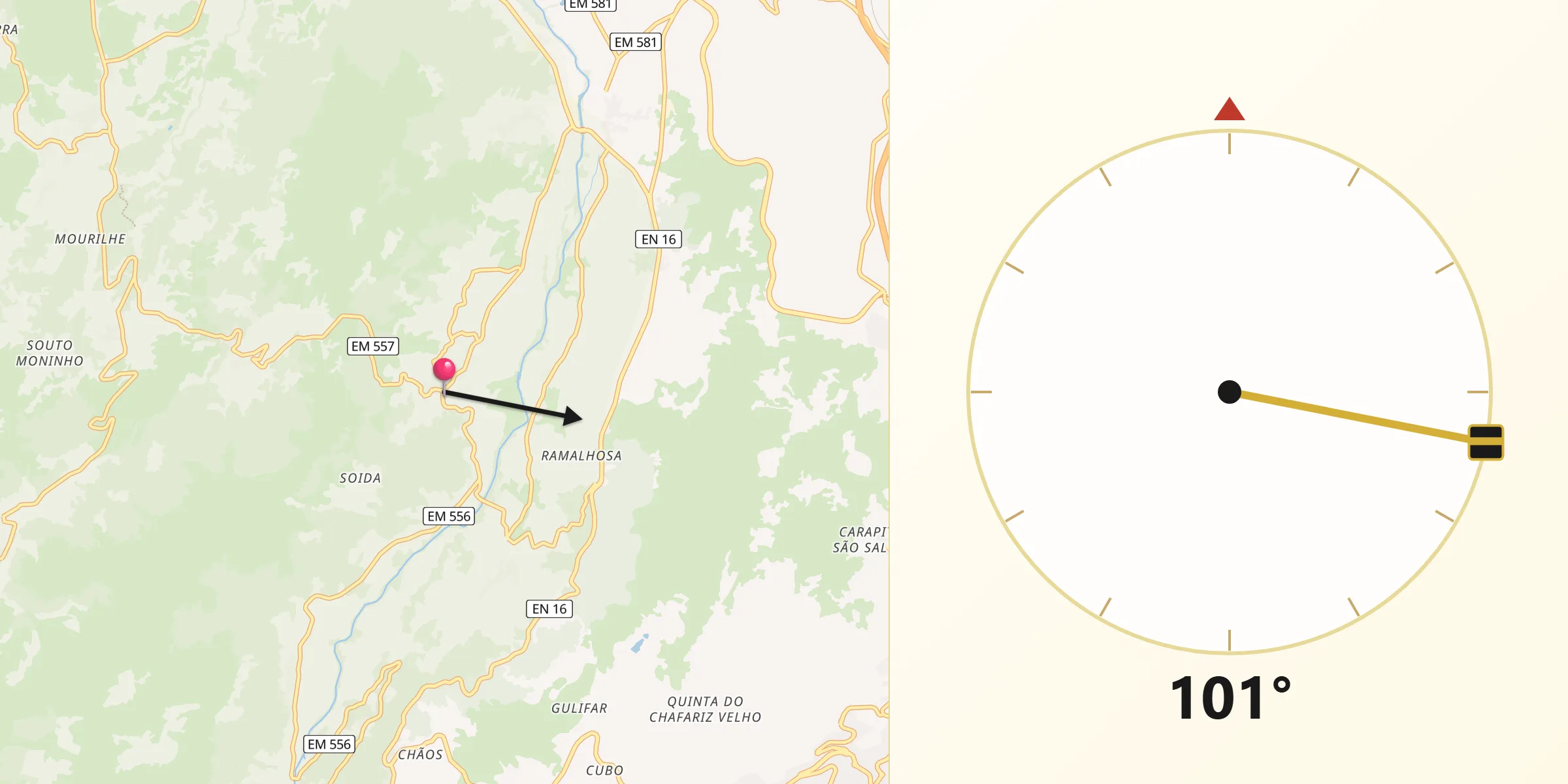 Direção da Qibla a partir de Aldeia Viçosa