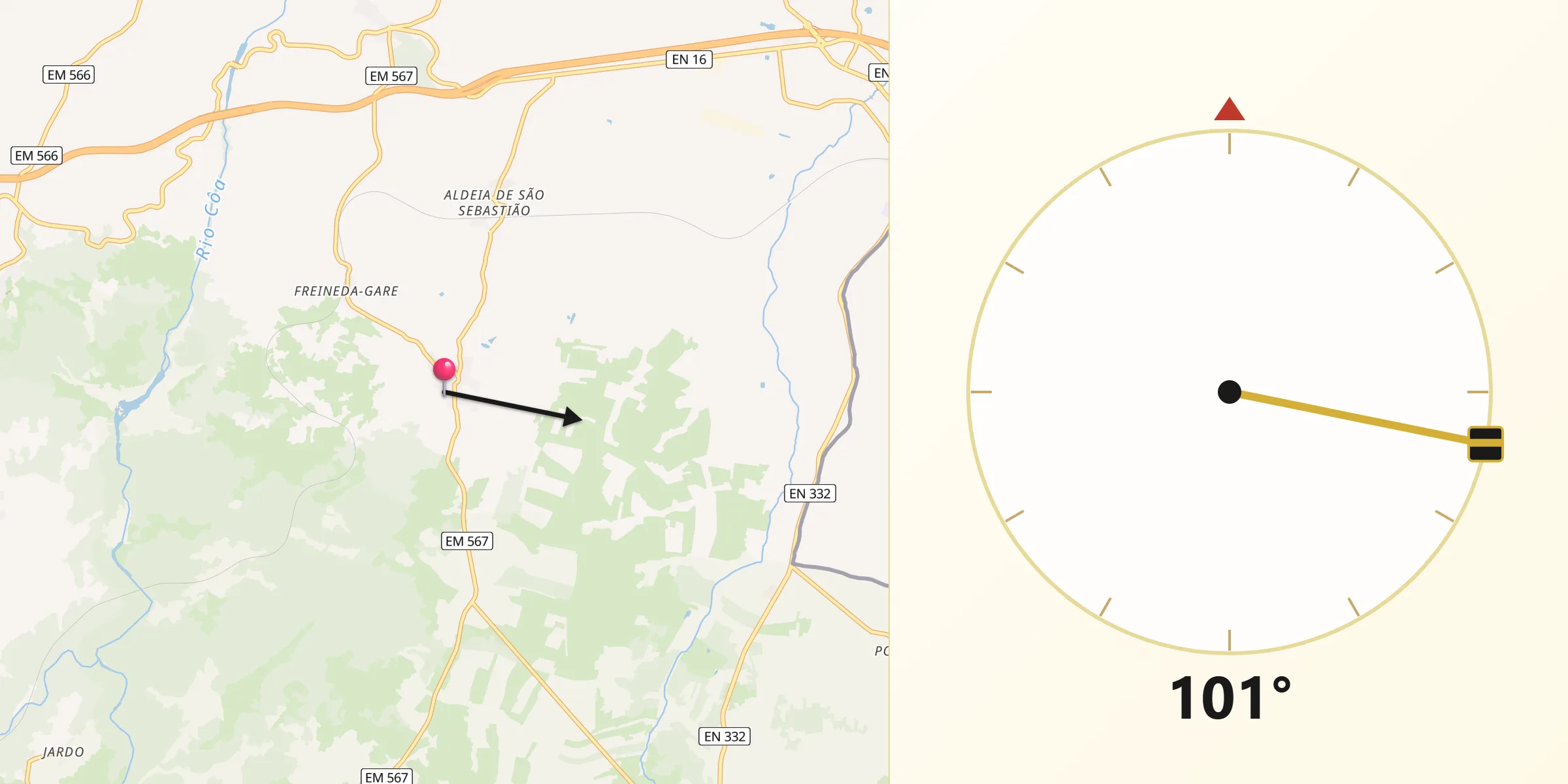 Direção da Qibla a partir de Freineda