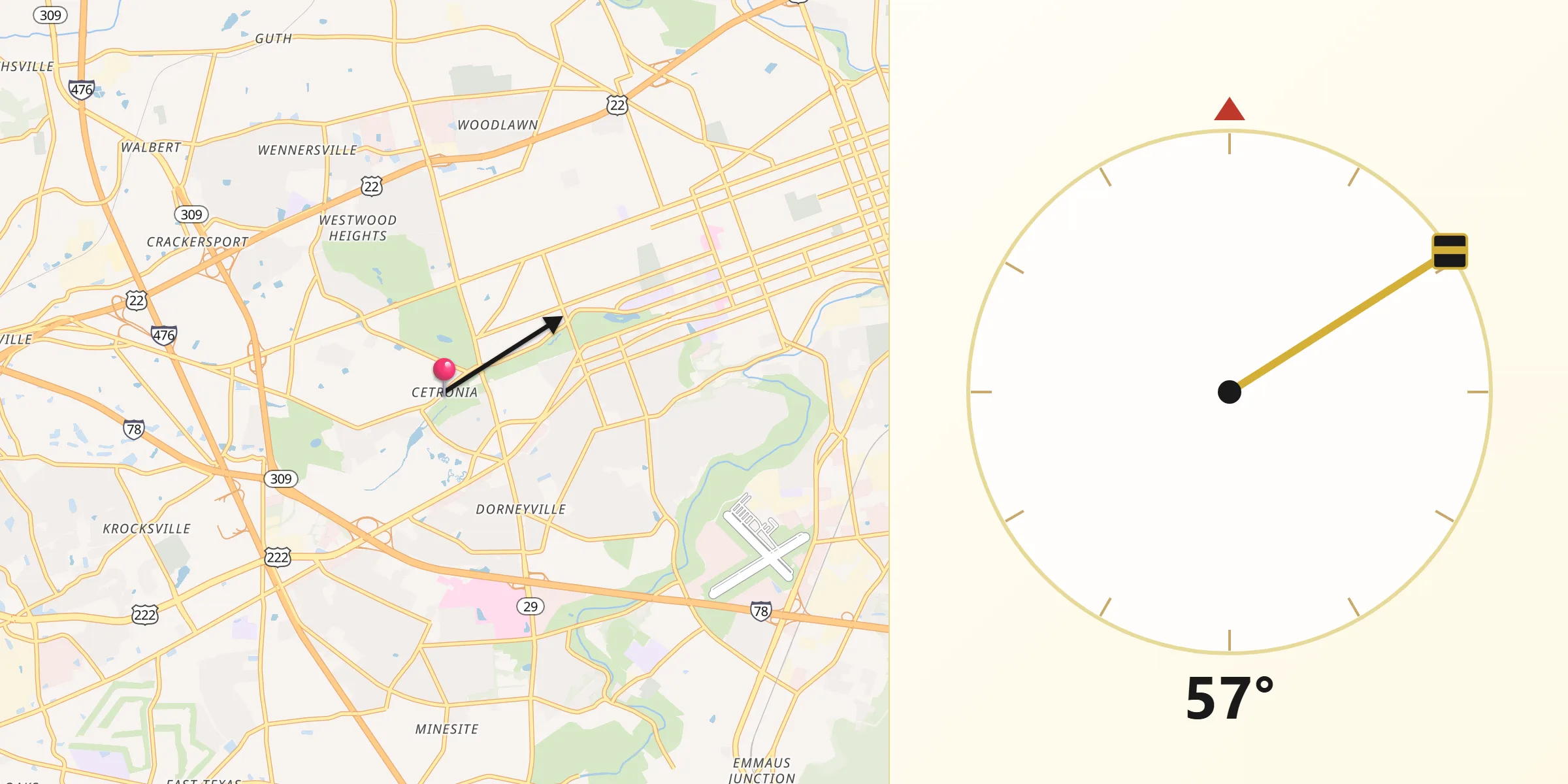 Qibla Direction from Cetronia