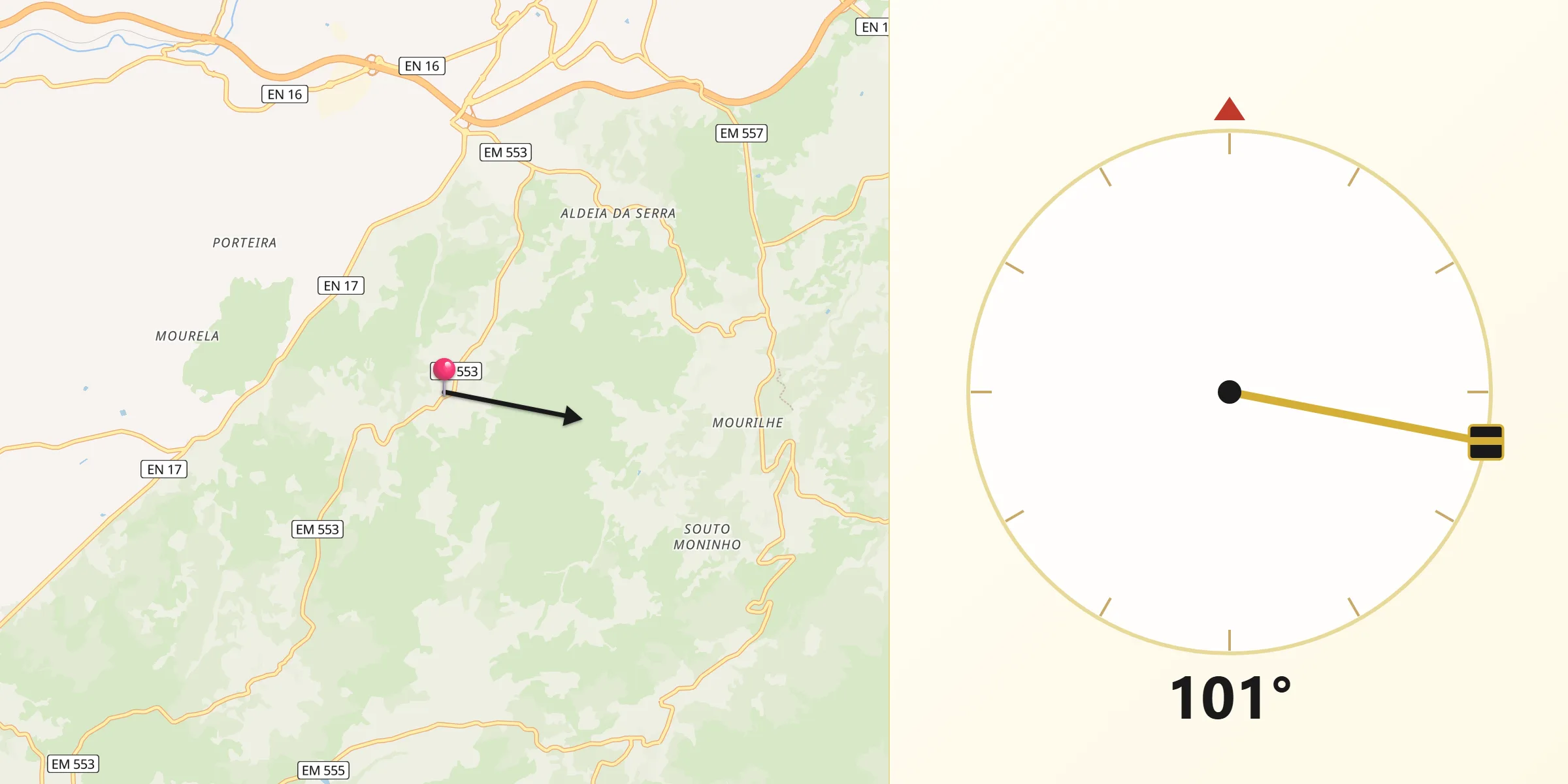 Direção da Qibla a partir de Vide Entre Vinhas