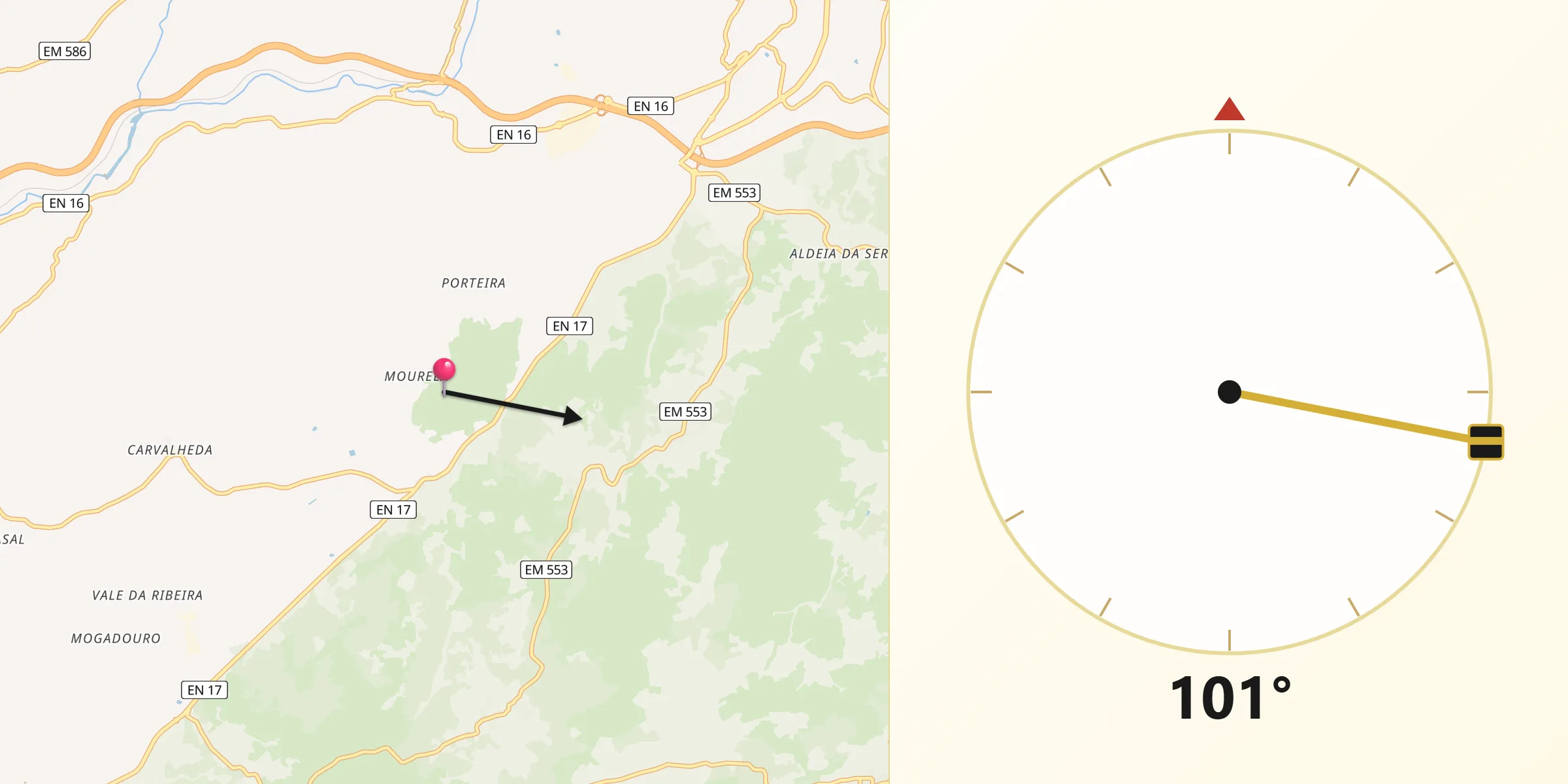 Direção da Qibla a partir de Cortiçô da Serra