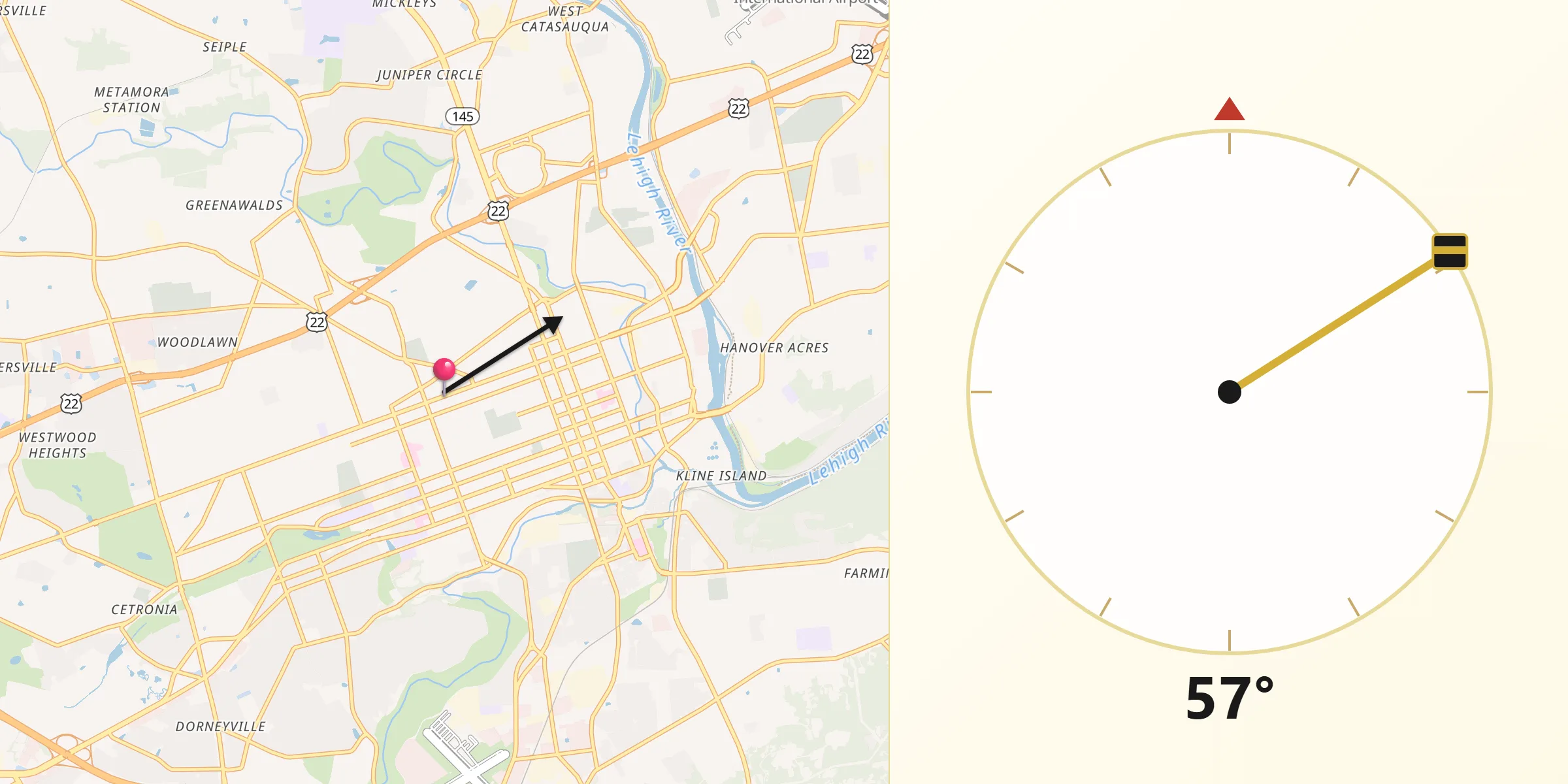 Dirección de la Qibla desde Allentown