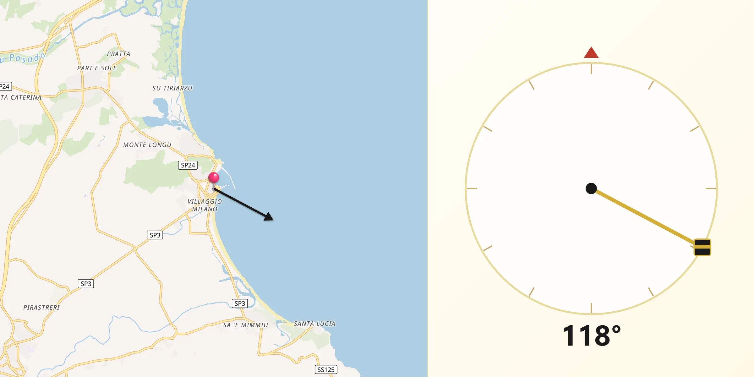 Direzione della Qibla da La Caletta