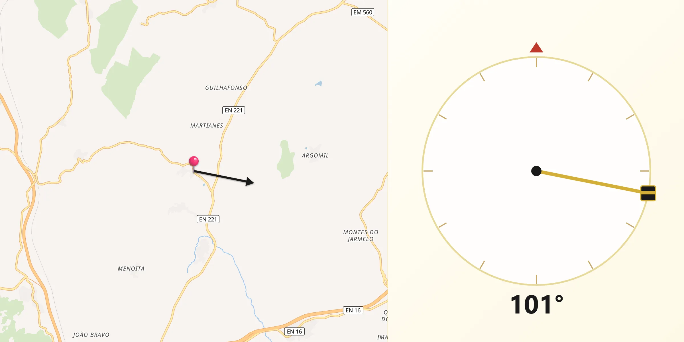 Direção da Qibla a partir de Pêra do Moço