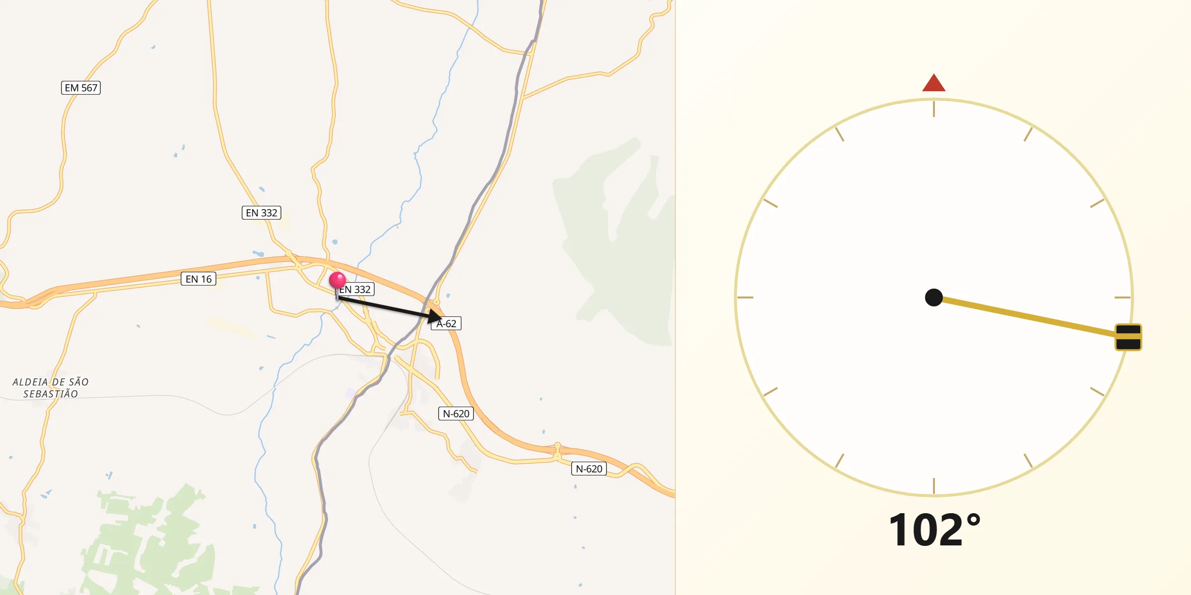 Direção da Qibla a partir de Vilar Formoso