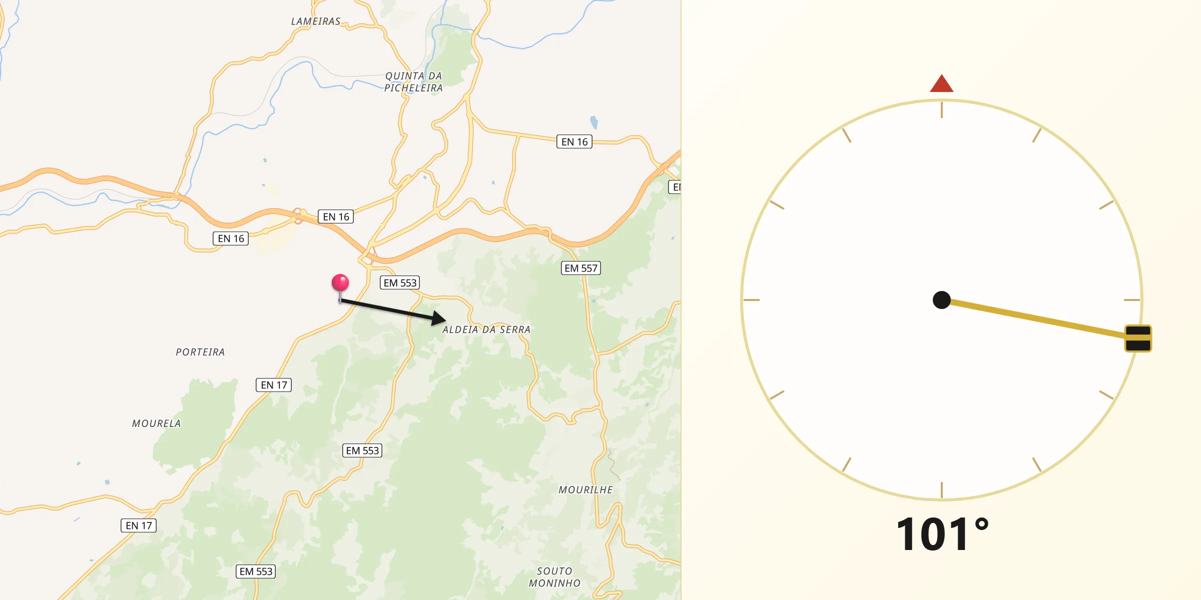 Direção da Qibla a partir de Casas do Soeiro