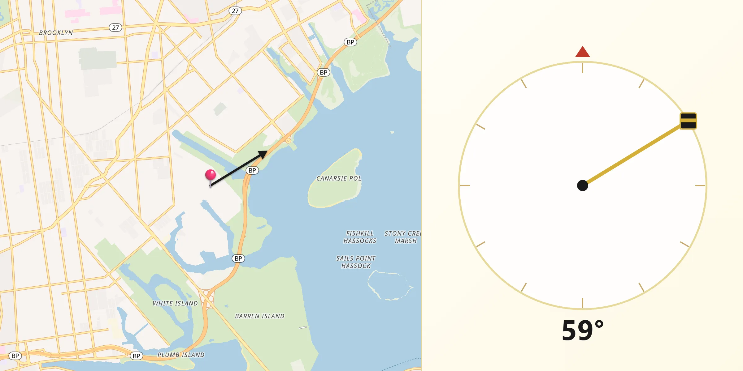 Qibla Direction from Bergen Beach