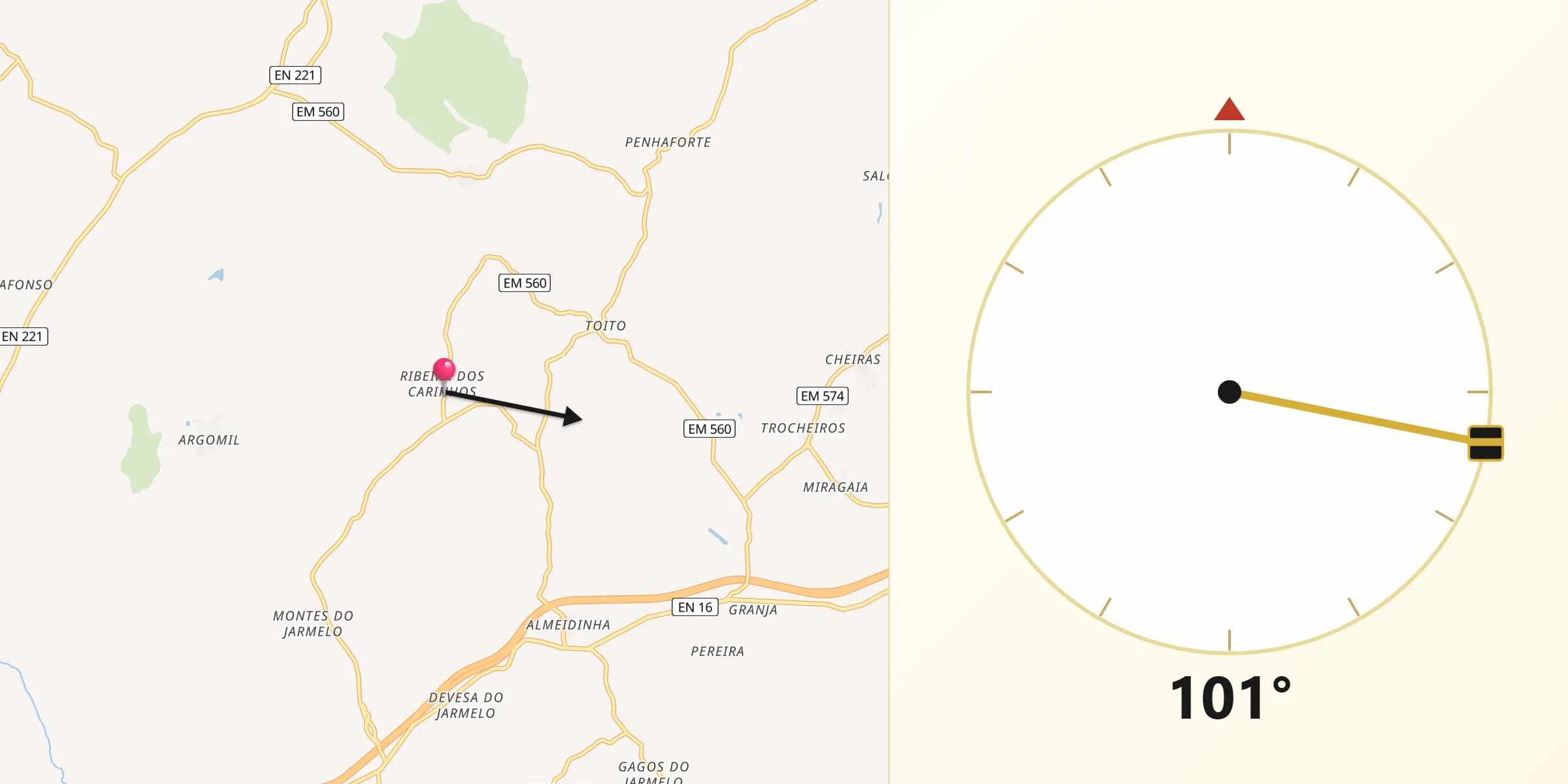 Direção da Qibla a partir de Ribeira Dos Carinhos