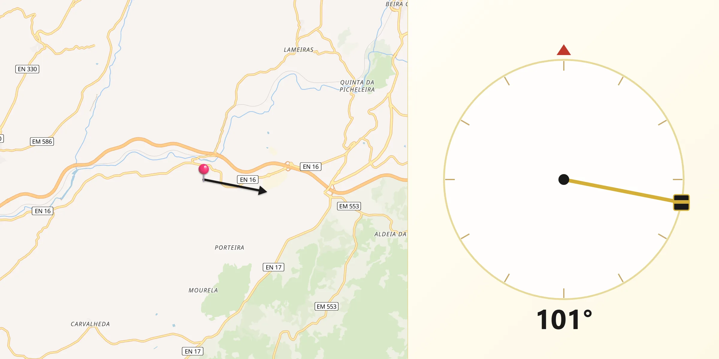 Direção da Qibla a partir de Vila Boa do Mondego