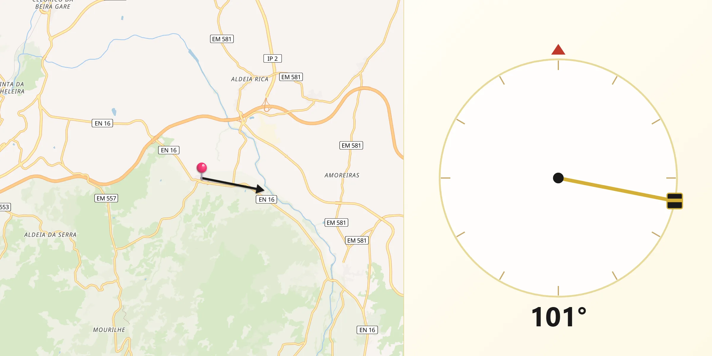 Direção da Qibla a partir de Lajeosa do Mondego