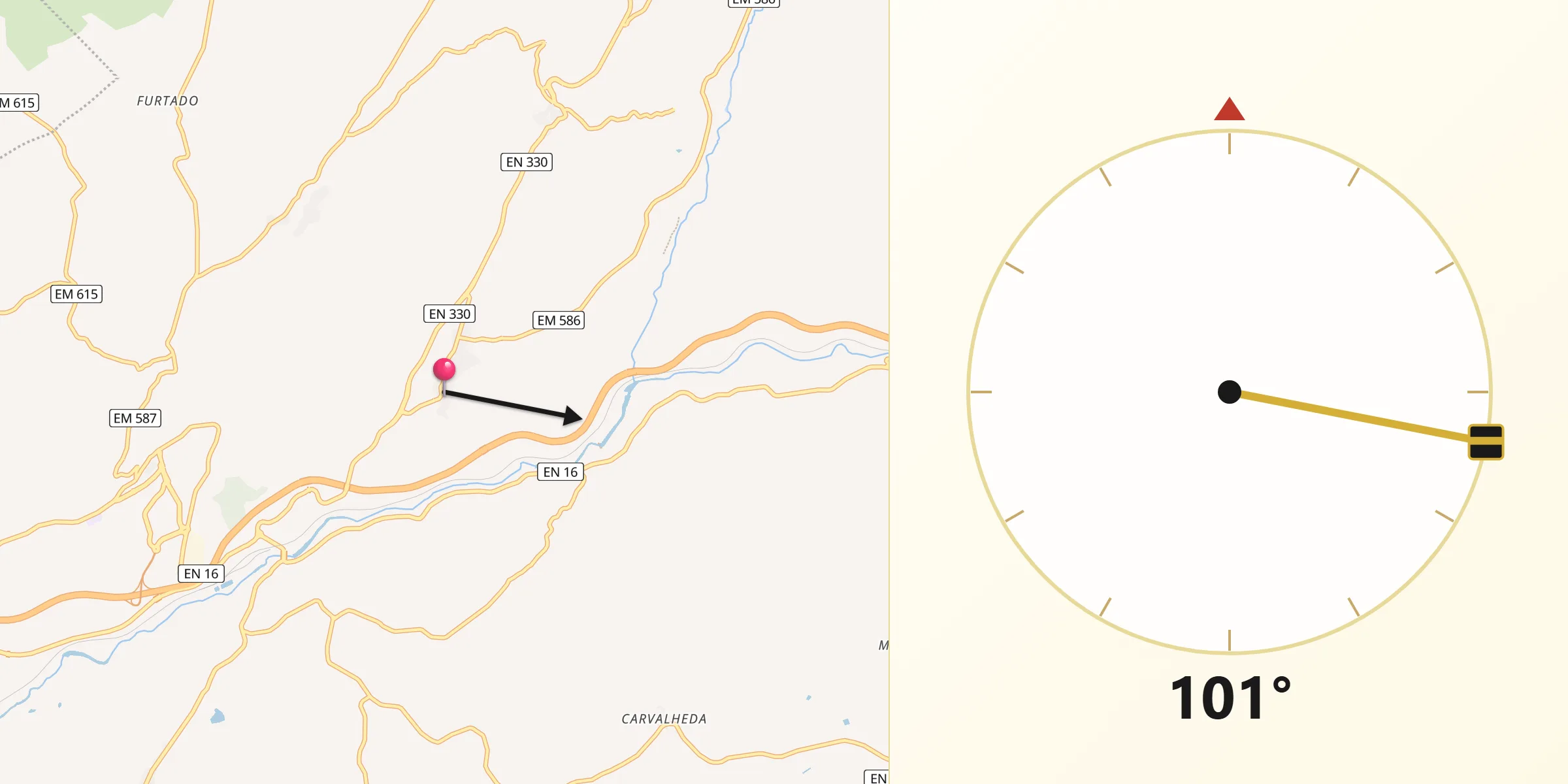 Direção da Qibla a partir de Figueiró da Granja