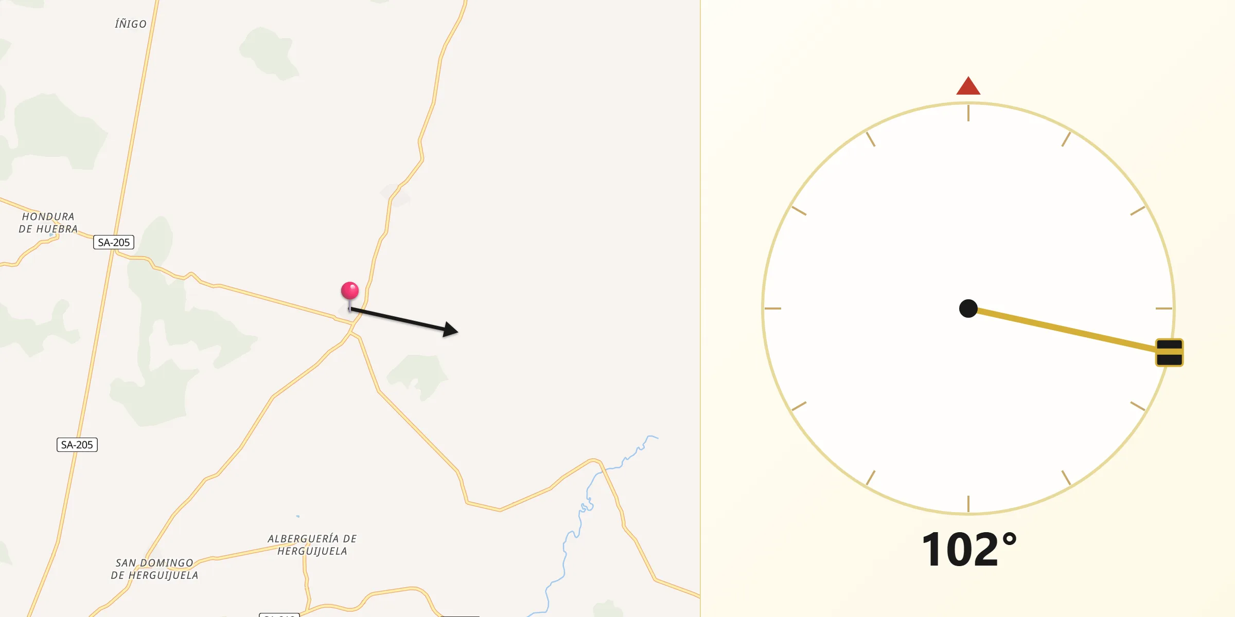 Dirección de la Qibla desde Herguijuela del Campo