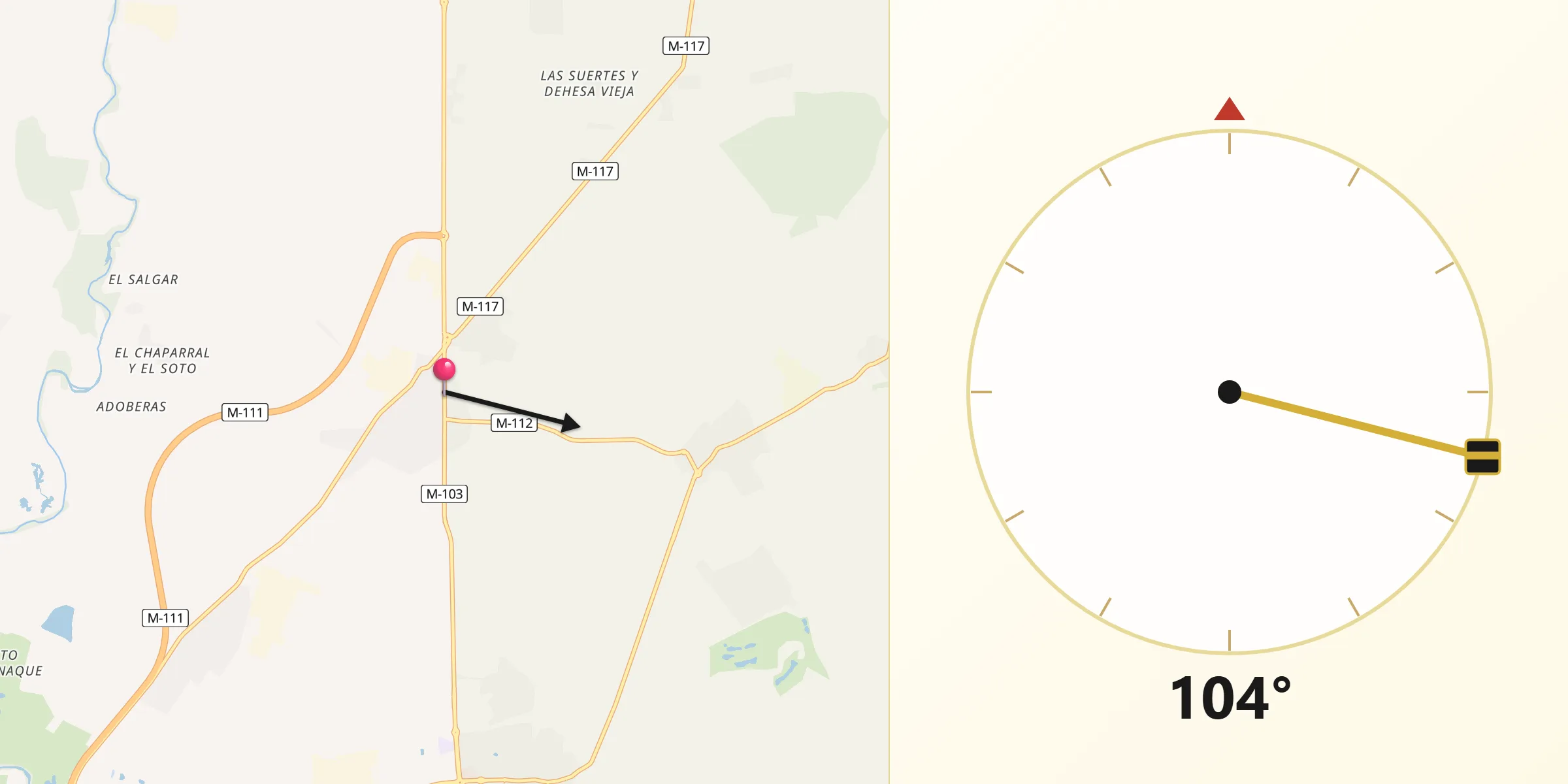 Dirección de la Qibla desde Fuente el Saz de Jarama
