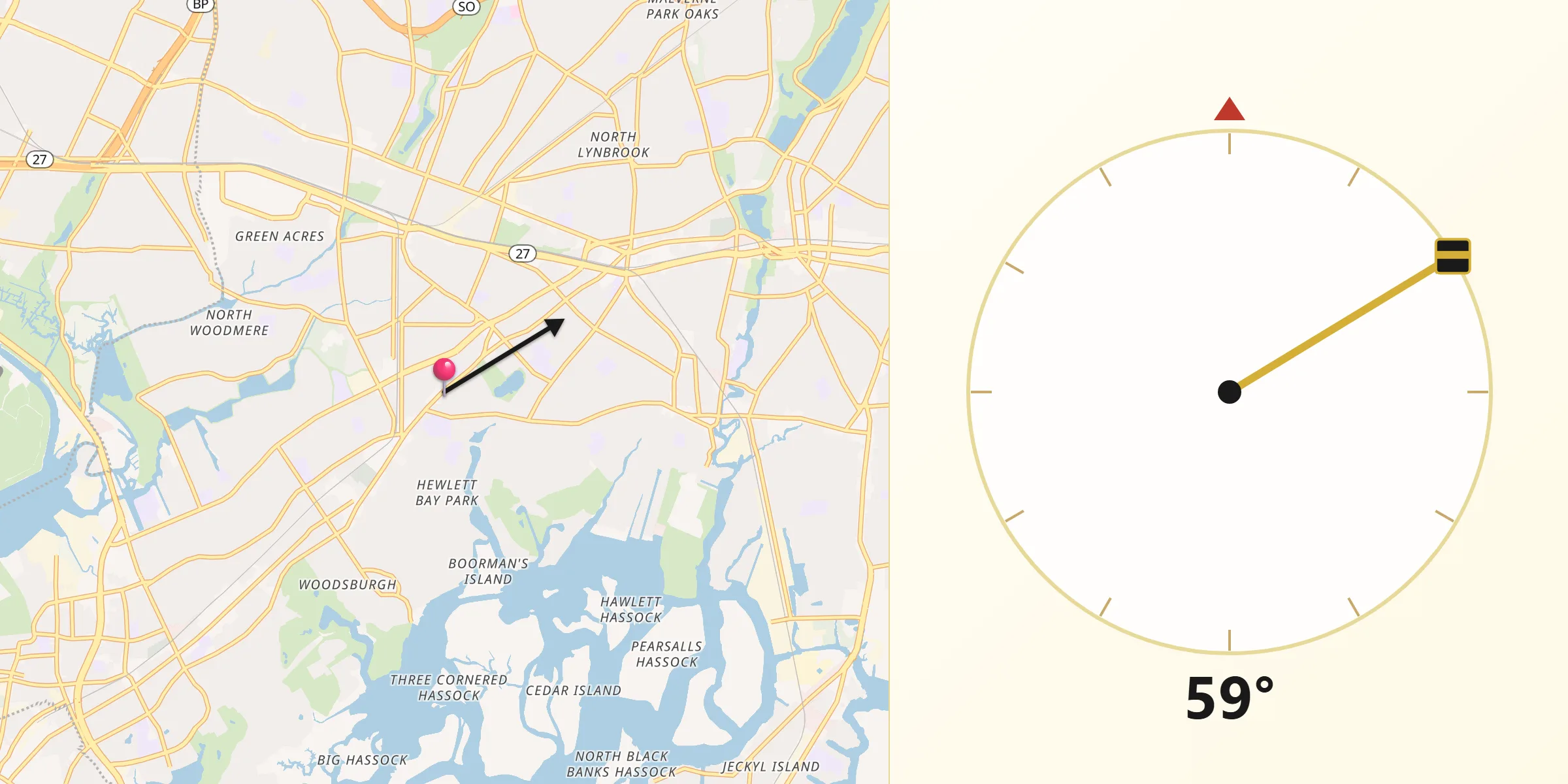 Qibla Direction from Hewlett