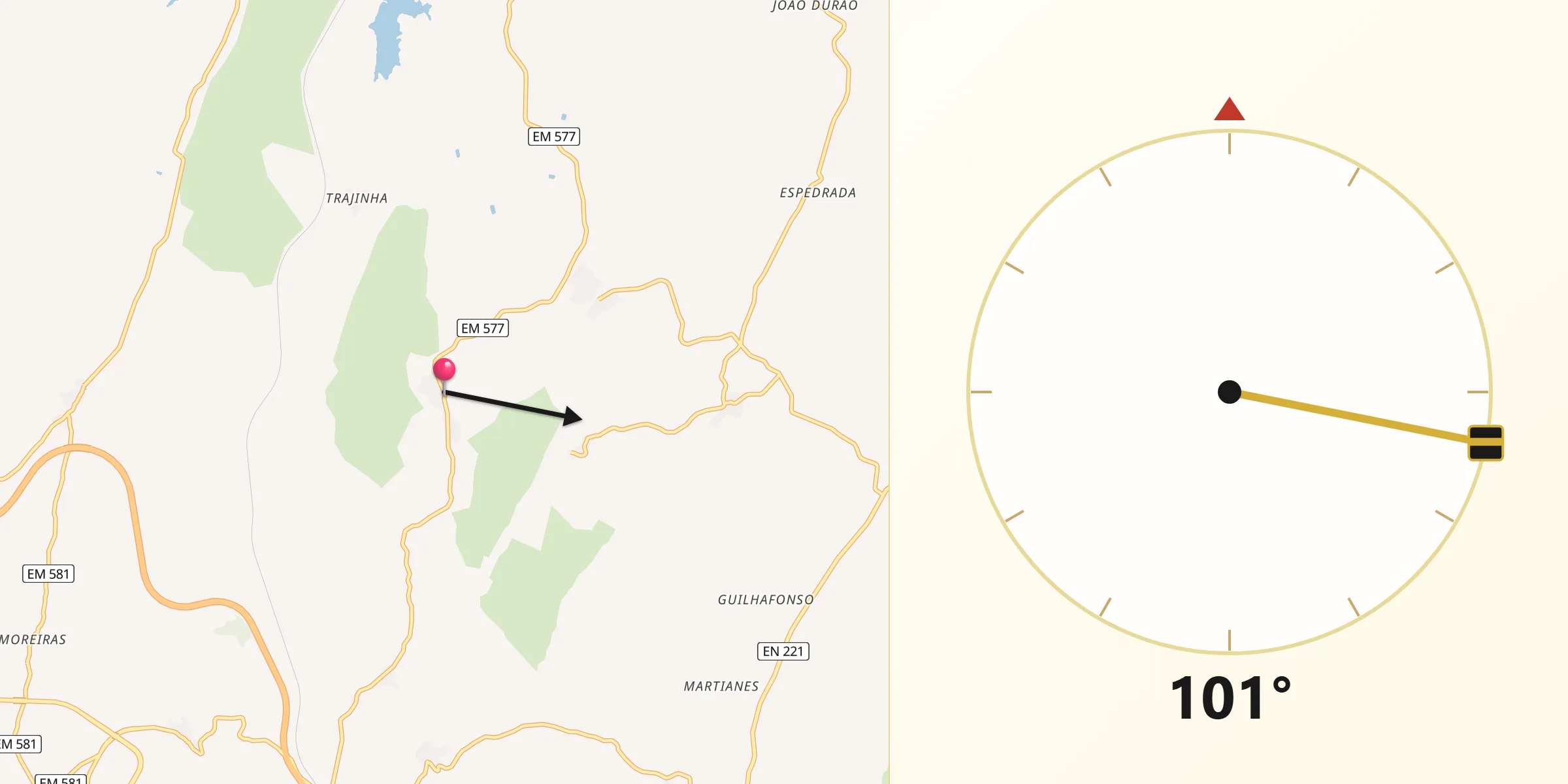 Direção da Qibla a partir de Vila Franca do Deão