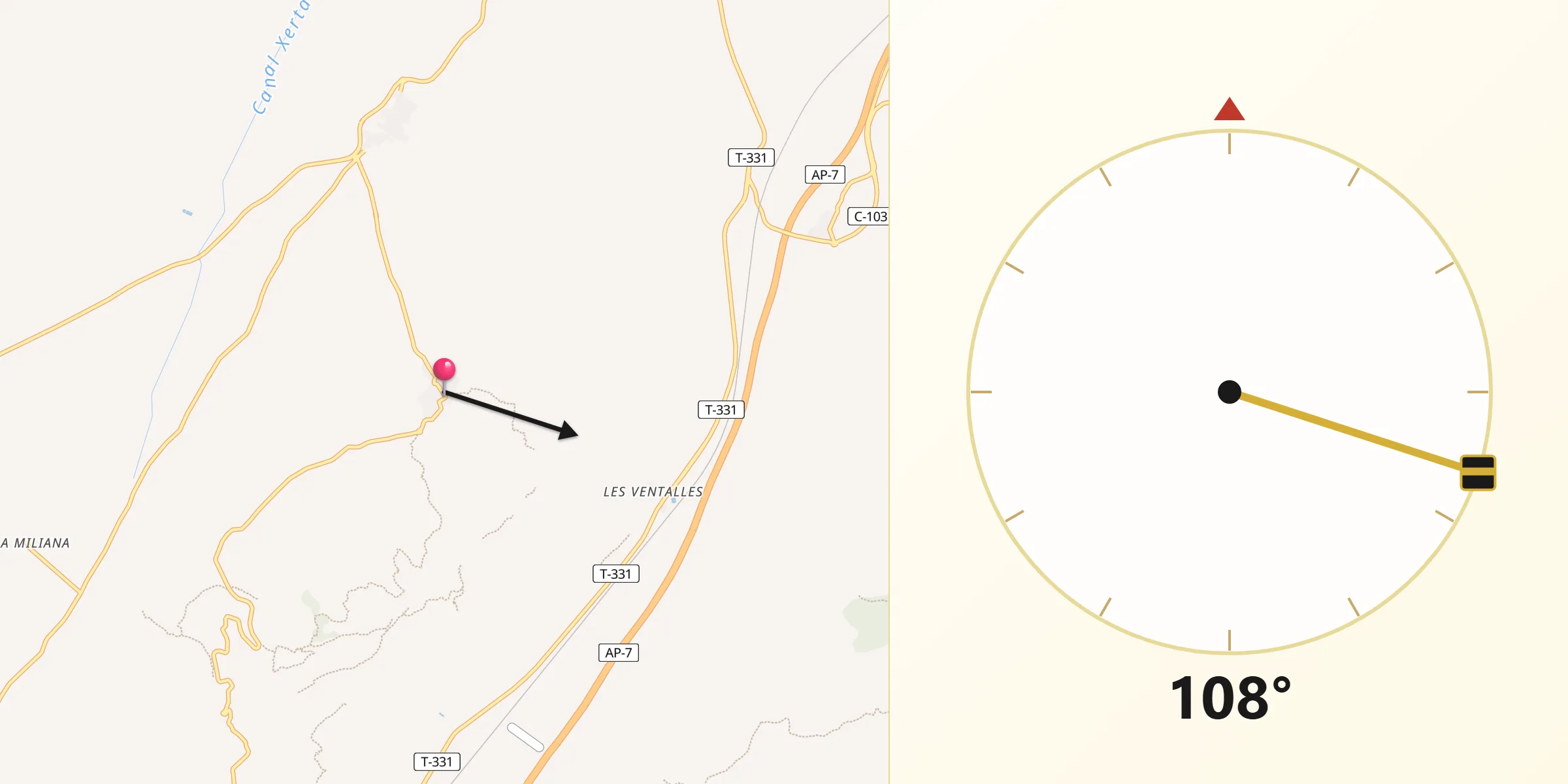 Dirección de la Qibla desde Godall