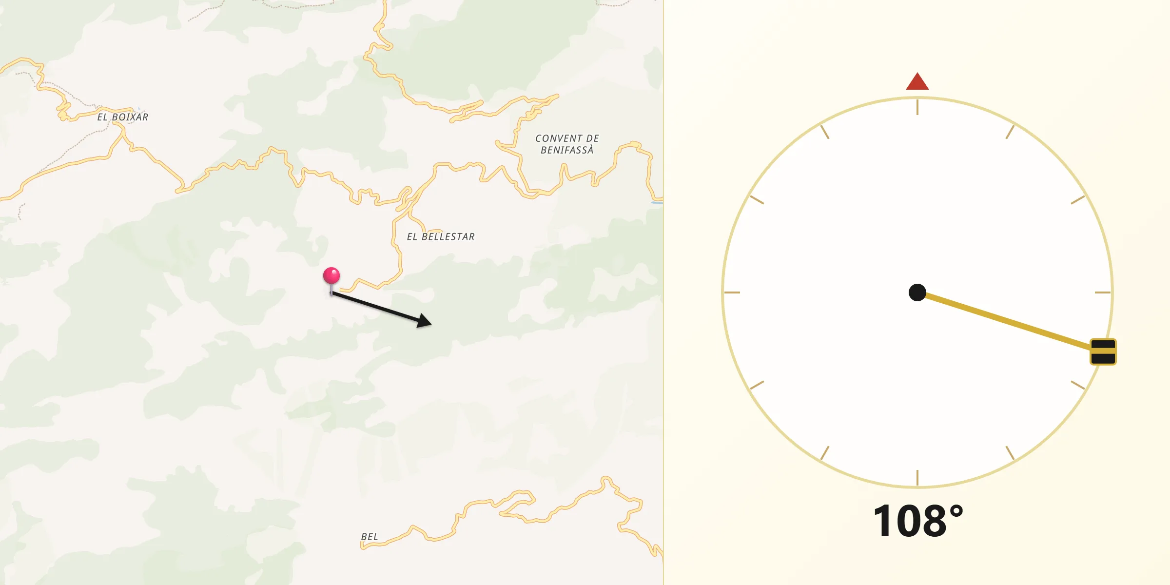 Dirección de la Qibla desde La Pobla de Benifassà