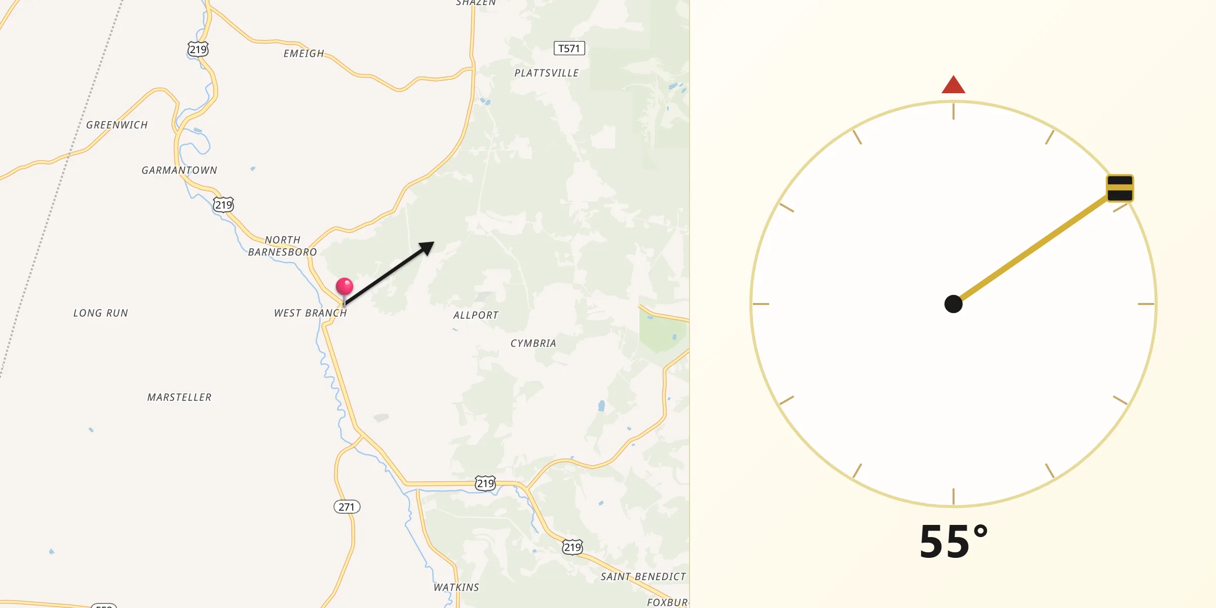 Qibla Direction from Barnesboro