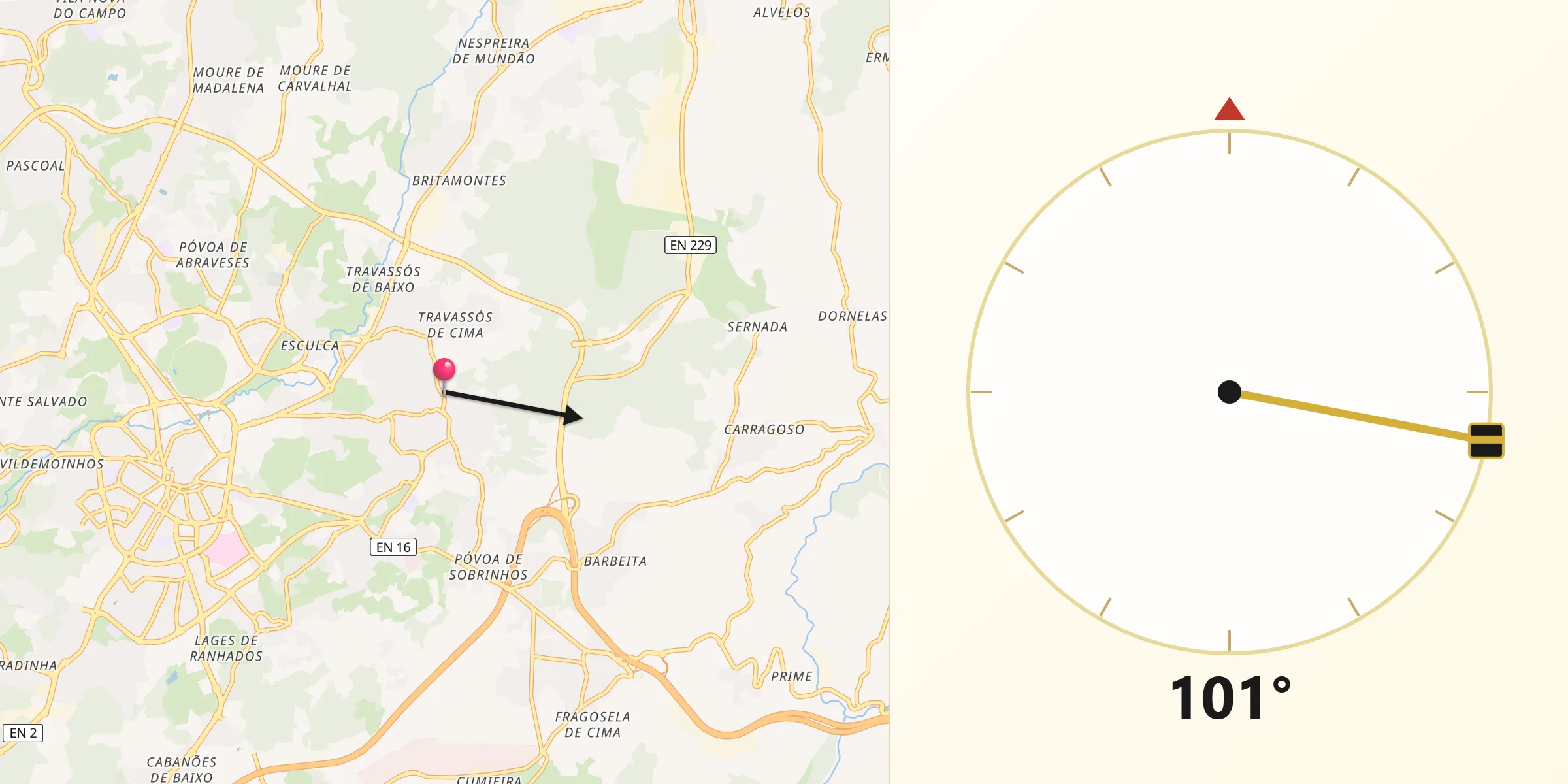Direção da Qibla a partir de Rio de Loba