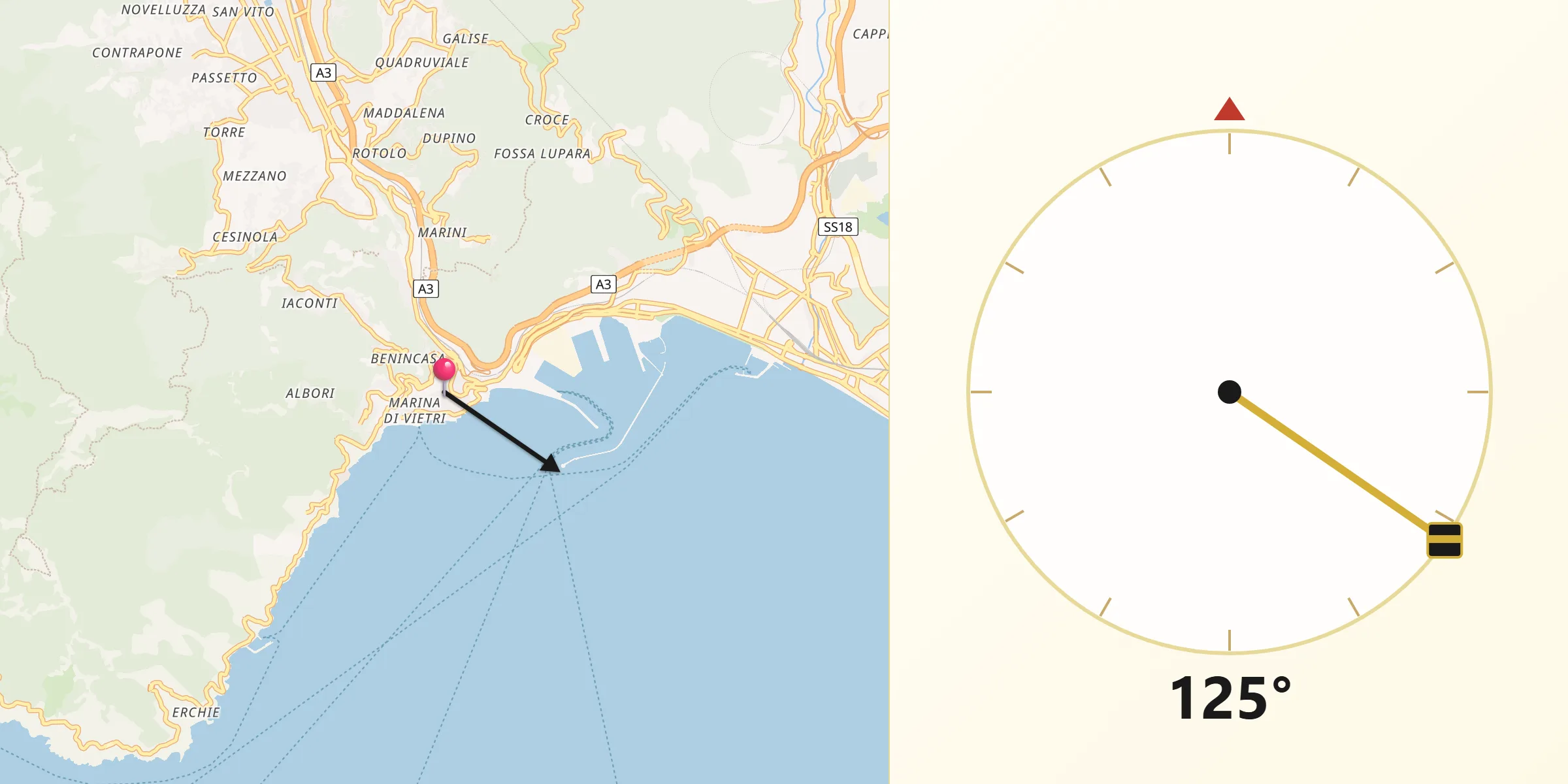Direzione della Qibla da Vietri sul Mare
