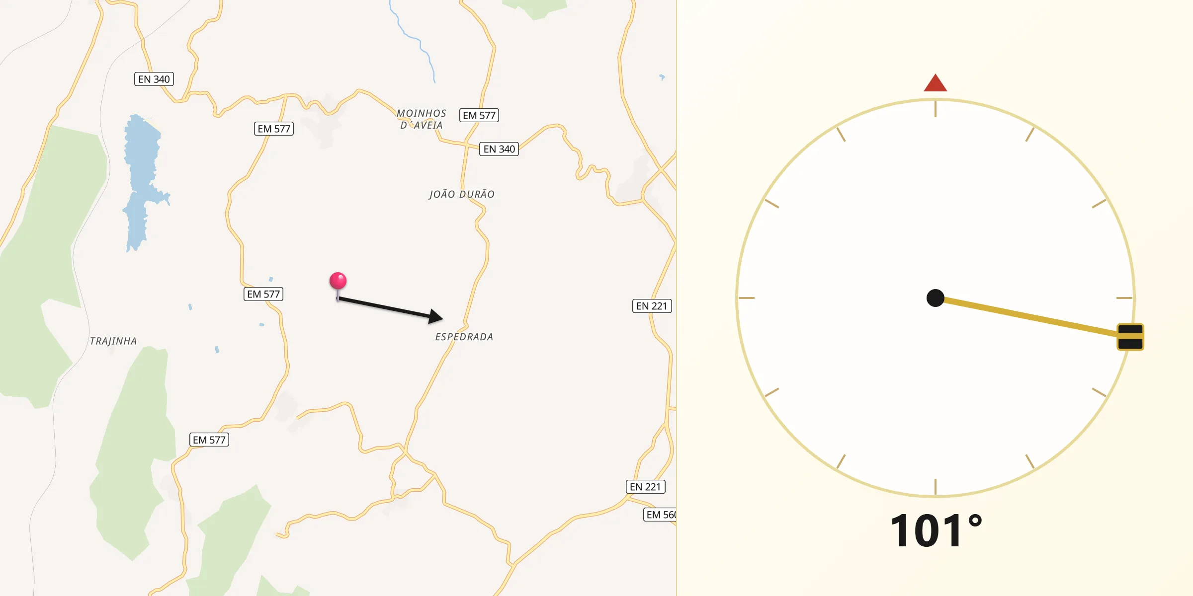 Direção da Qibla a partir de Avelãs da Ribeira