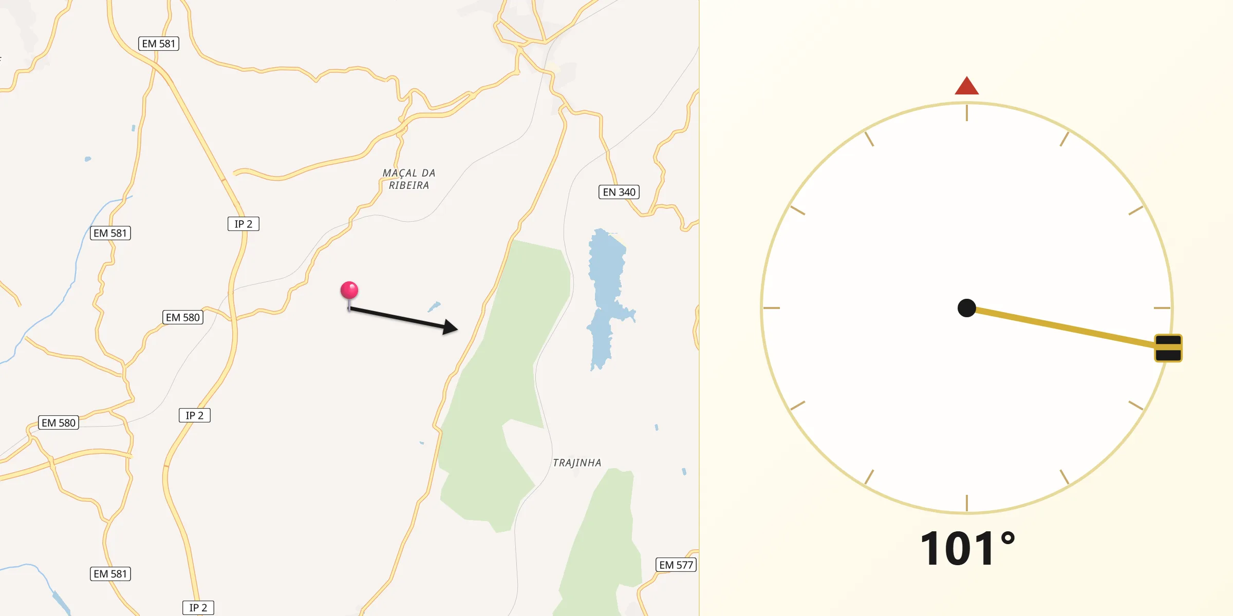 Direção da Qibla a partir de Maçal do Chão