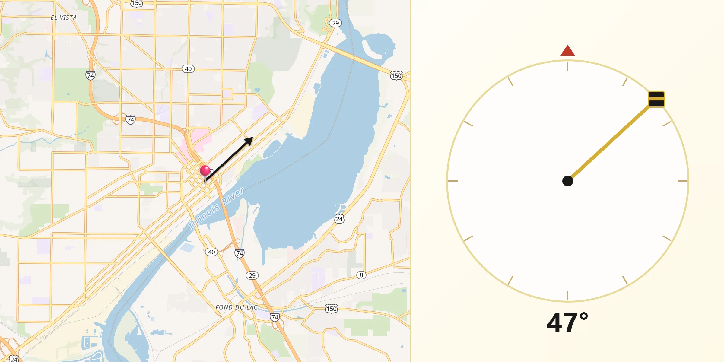 Dirección de la Qibla desde Peoria