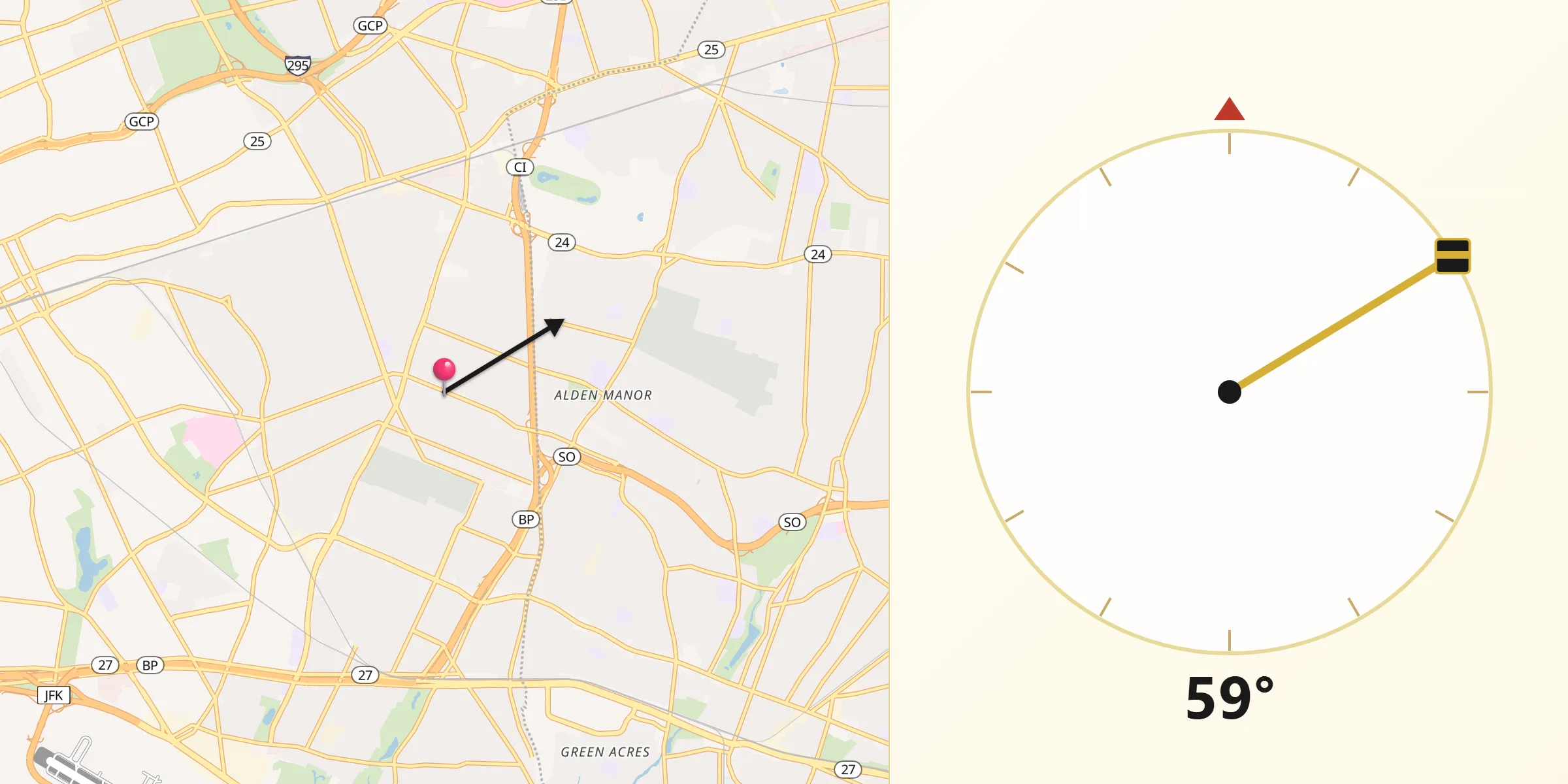 Qibla Direction from Cambria Heights