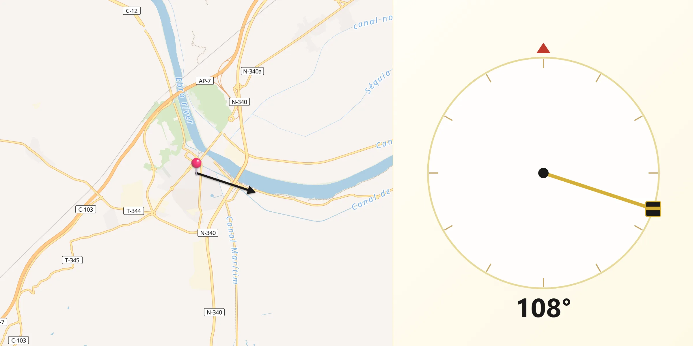 Dirección de la Qibla desde Amposta