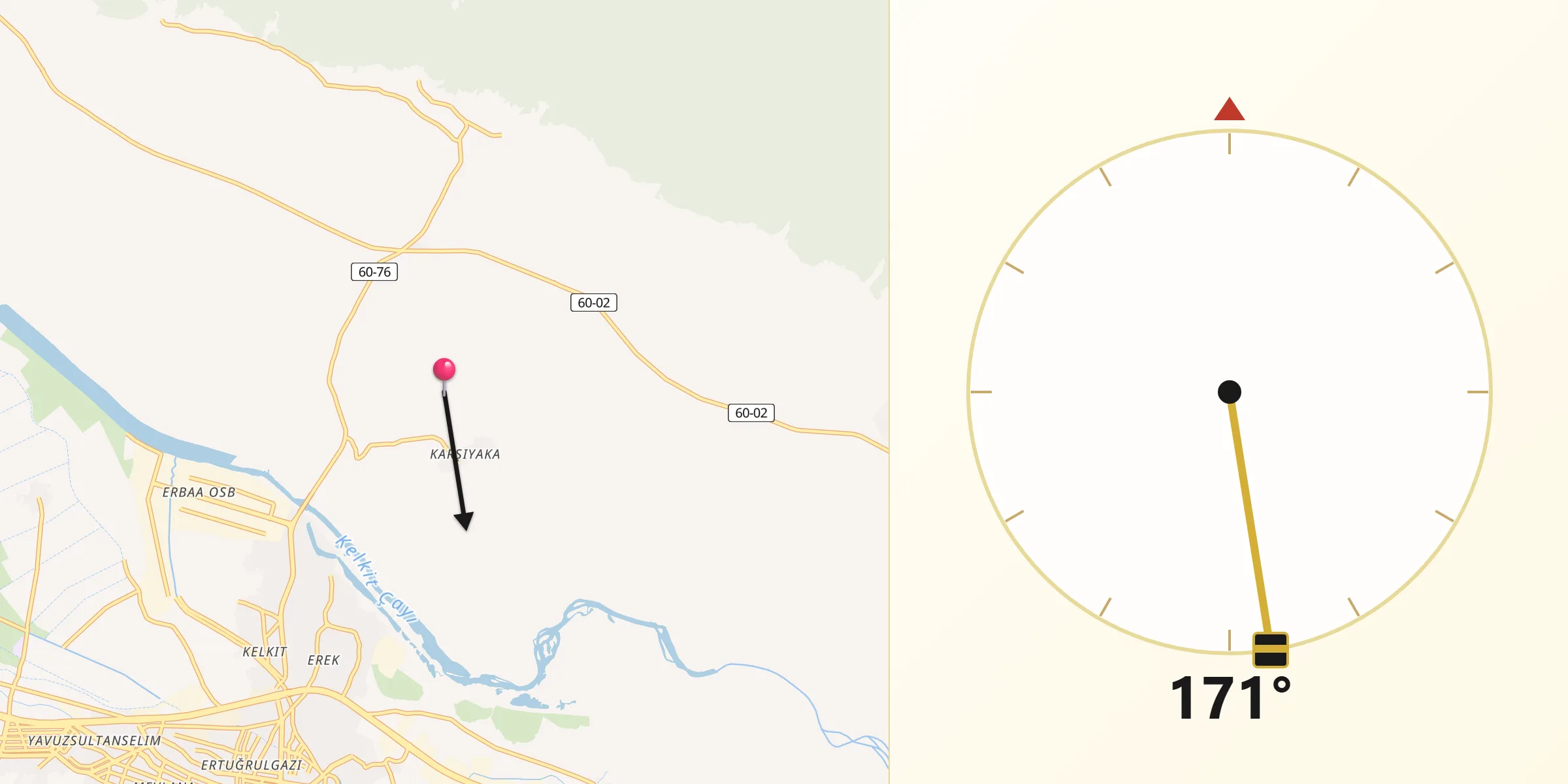 Direction vers la Qibla depuis Erbaa