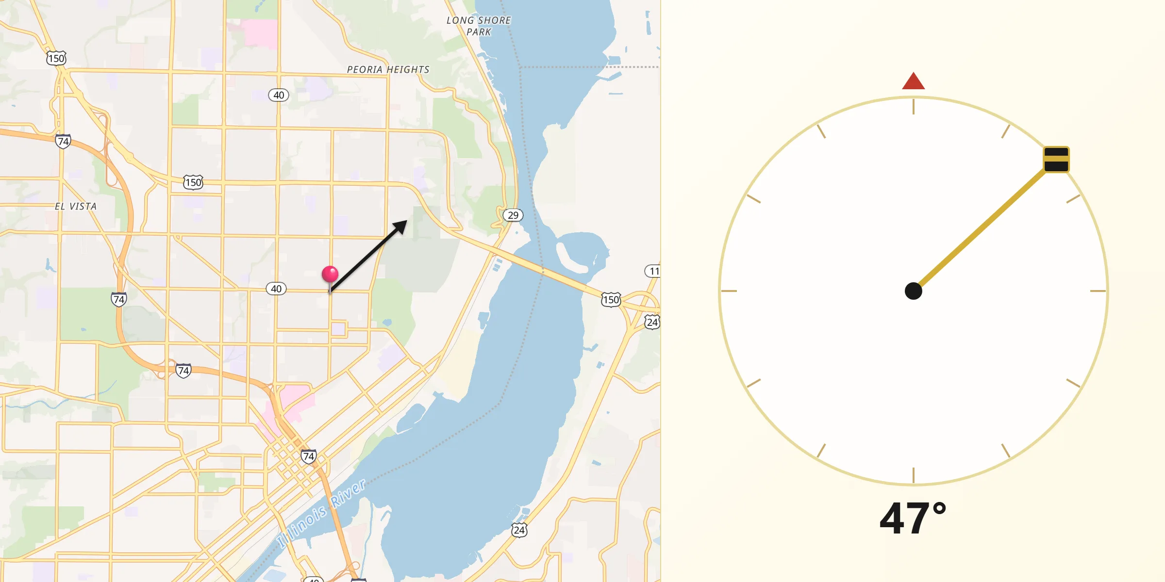 Qibla Direction from North Peoria