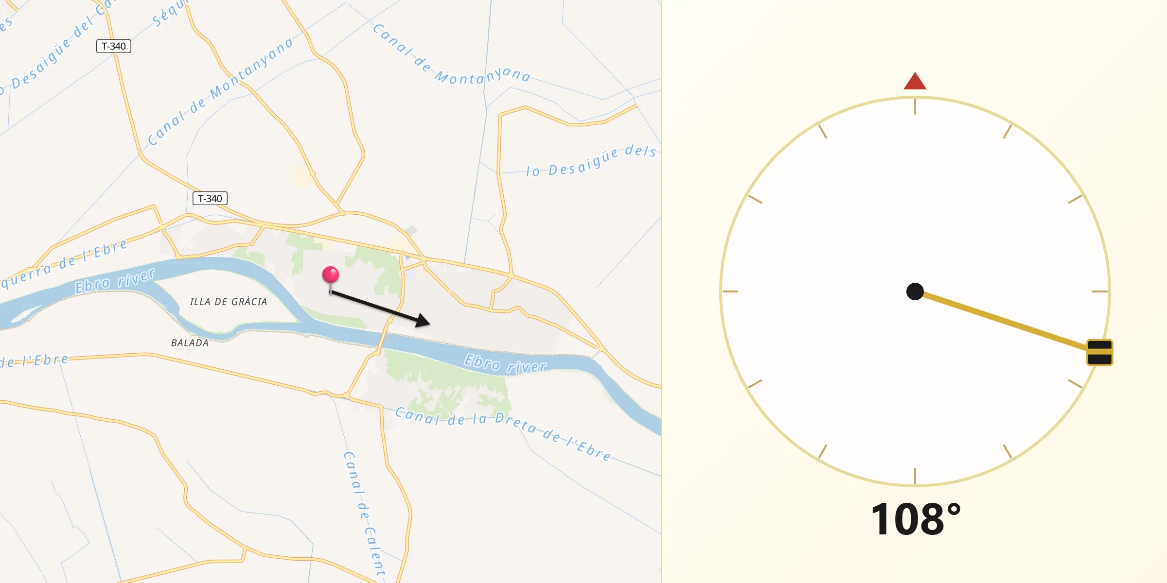 Dirección de la Qibla desde Deltebre