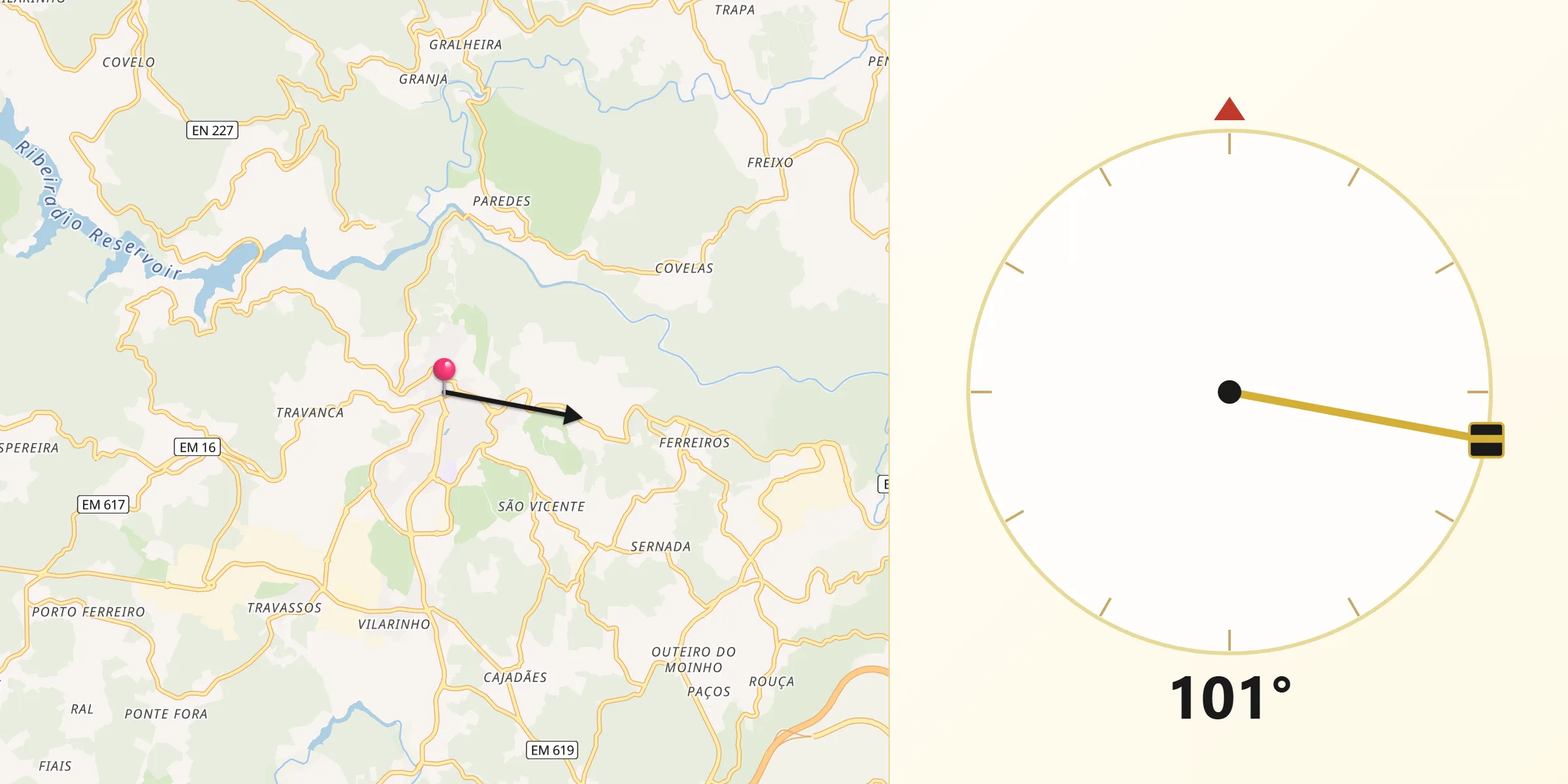 Direção da Qibla a partir de Oliveira de Frades