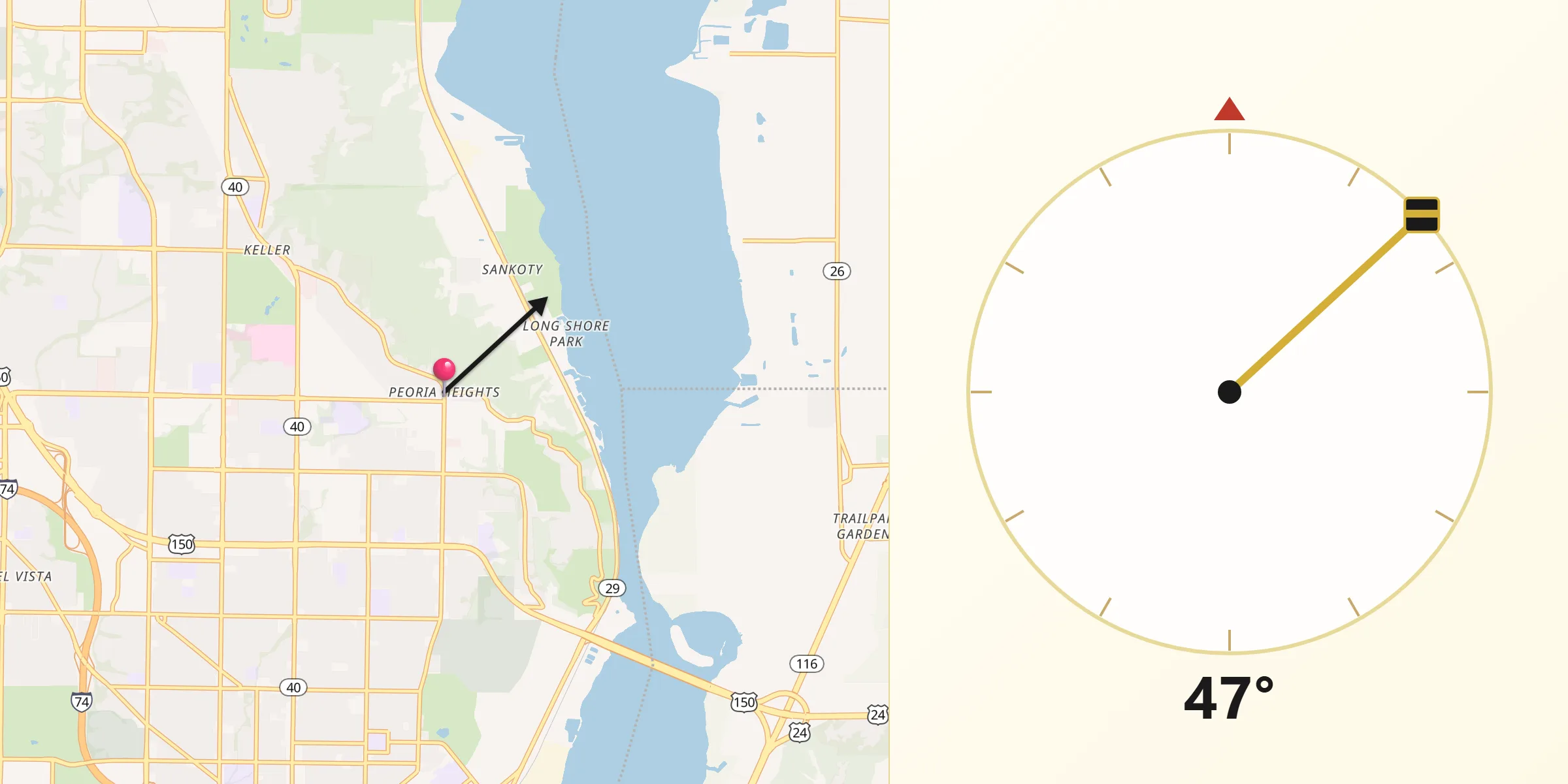 Qibla Direction from Peoria Heights