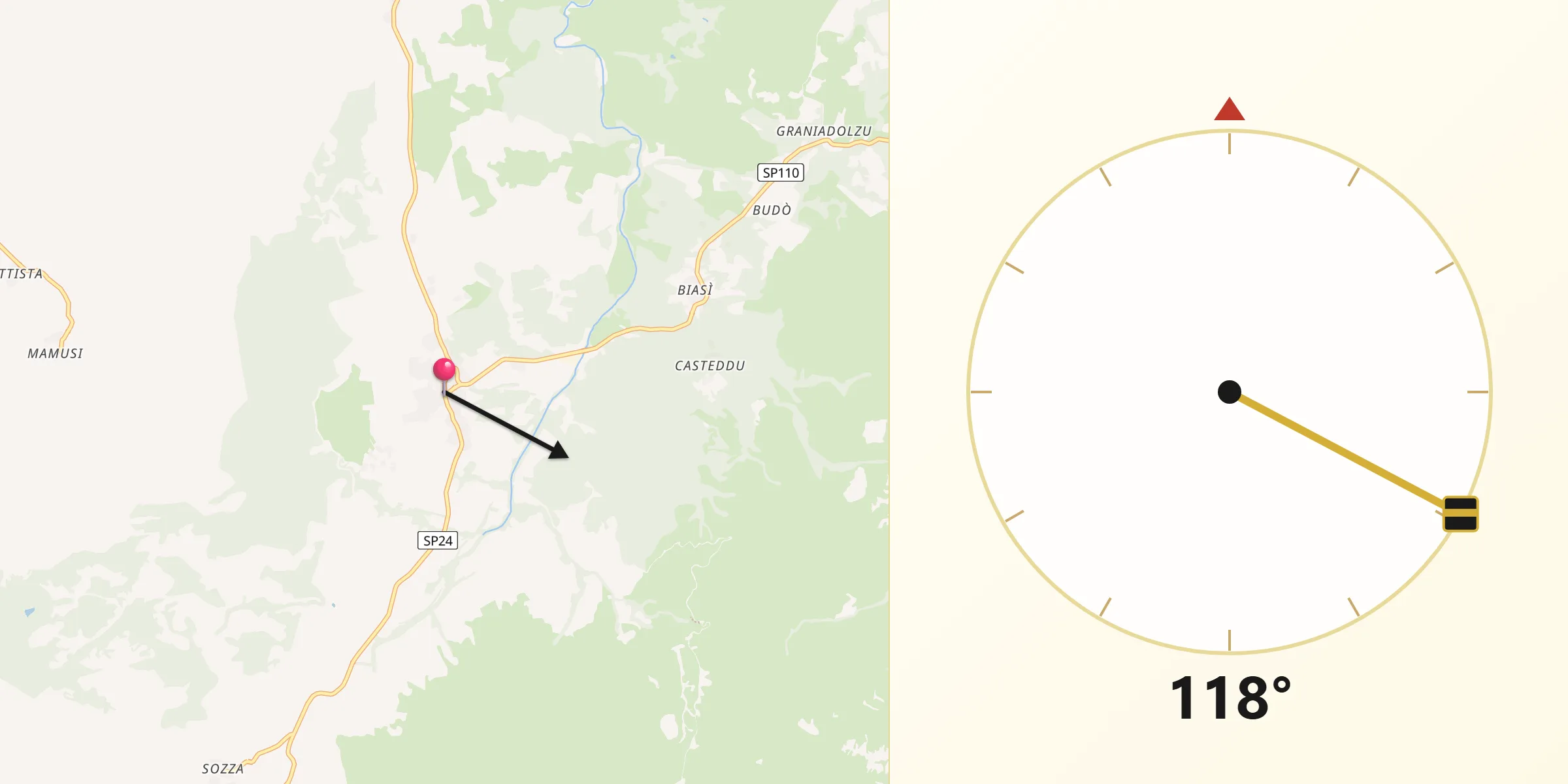 Direzione della Qibla da Padru