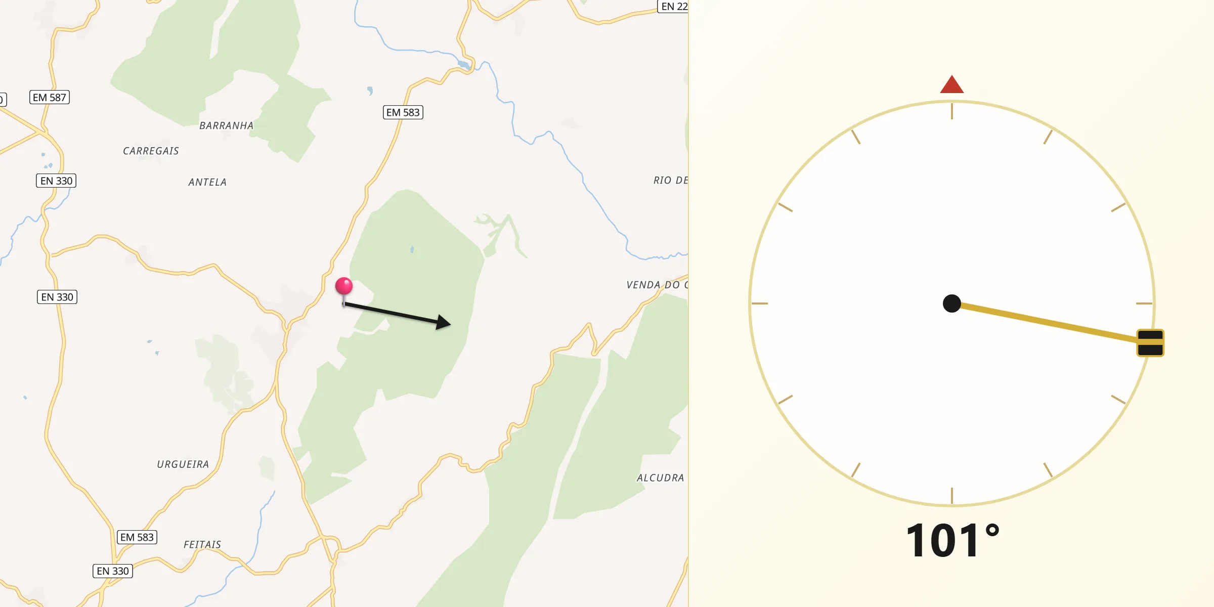 Direção da Qibla a partir de Carapito