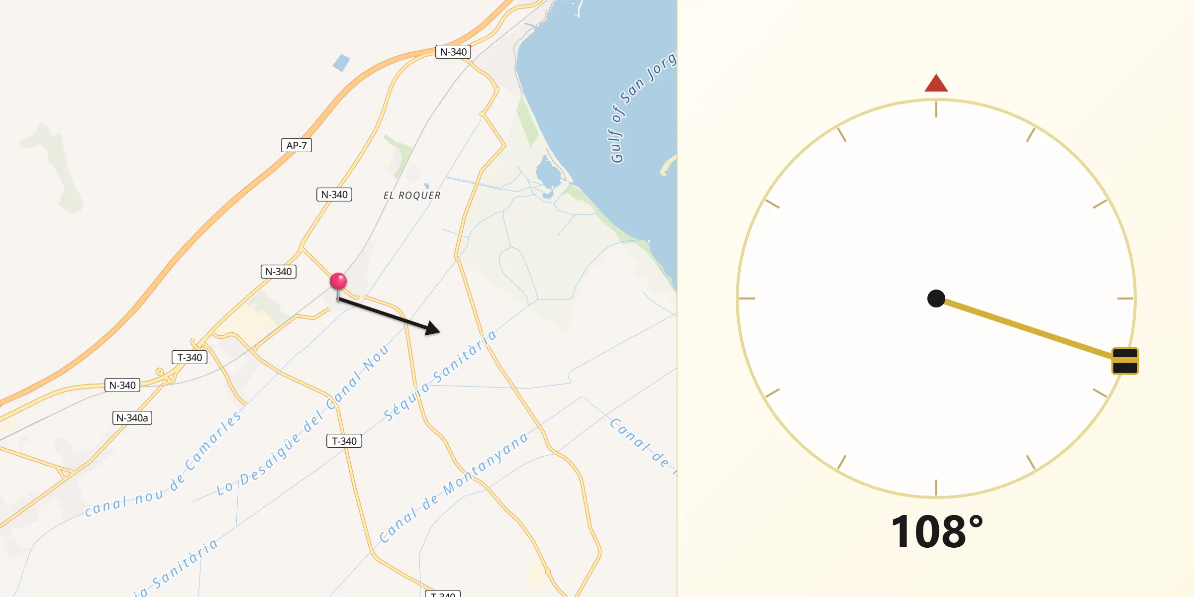 Dirección de la Qibla desde Camarles