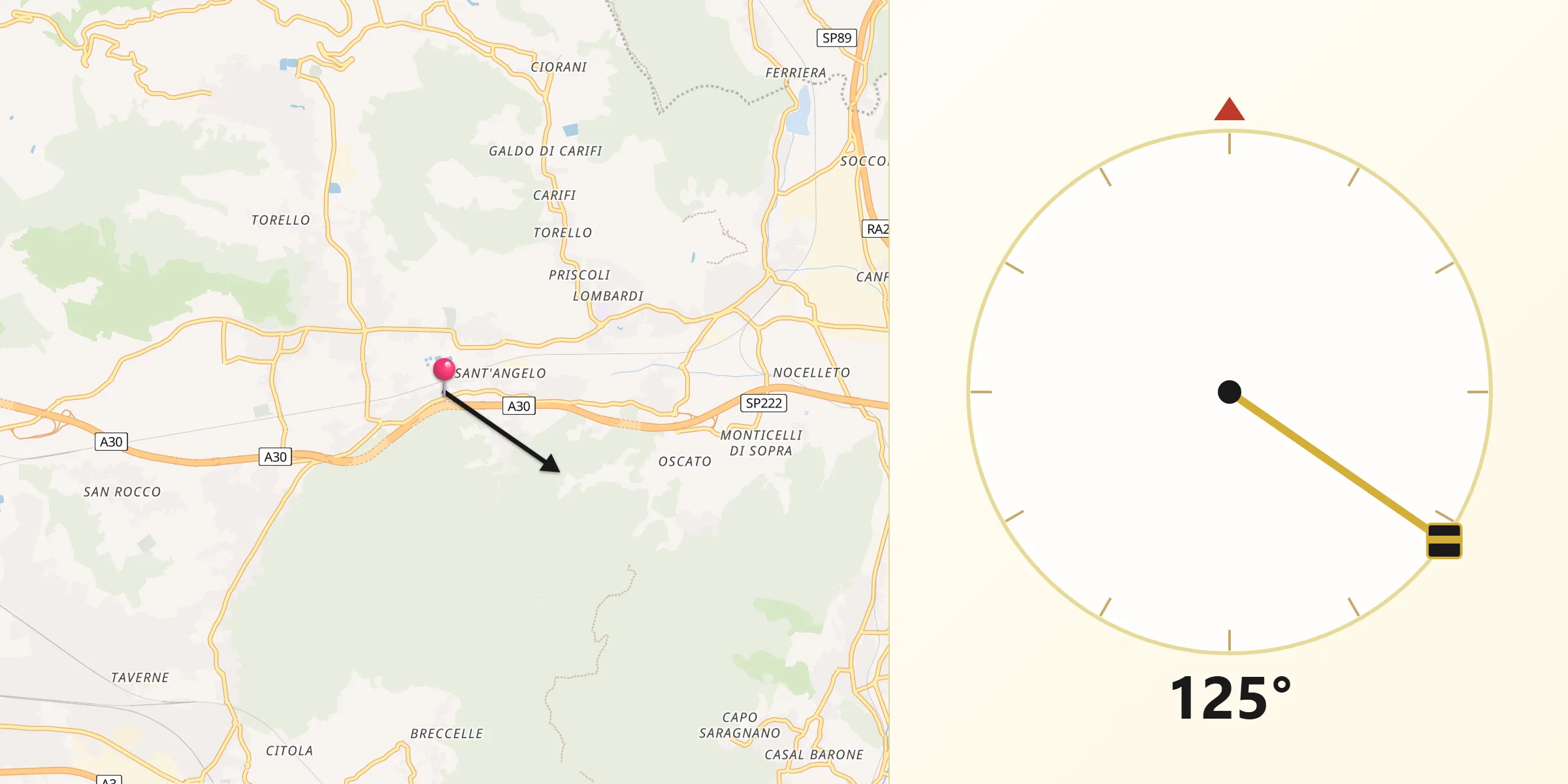 Direzione della Qibla da Piazza del Galdo-Sant'Angelo