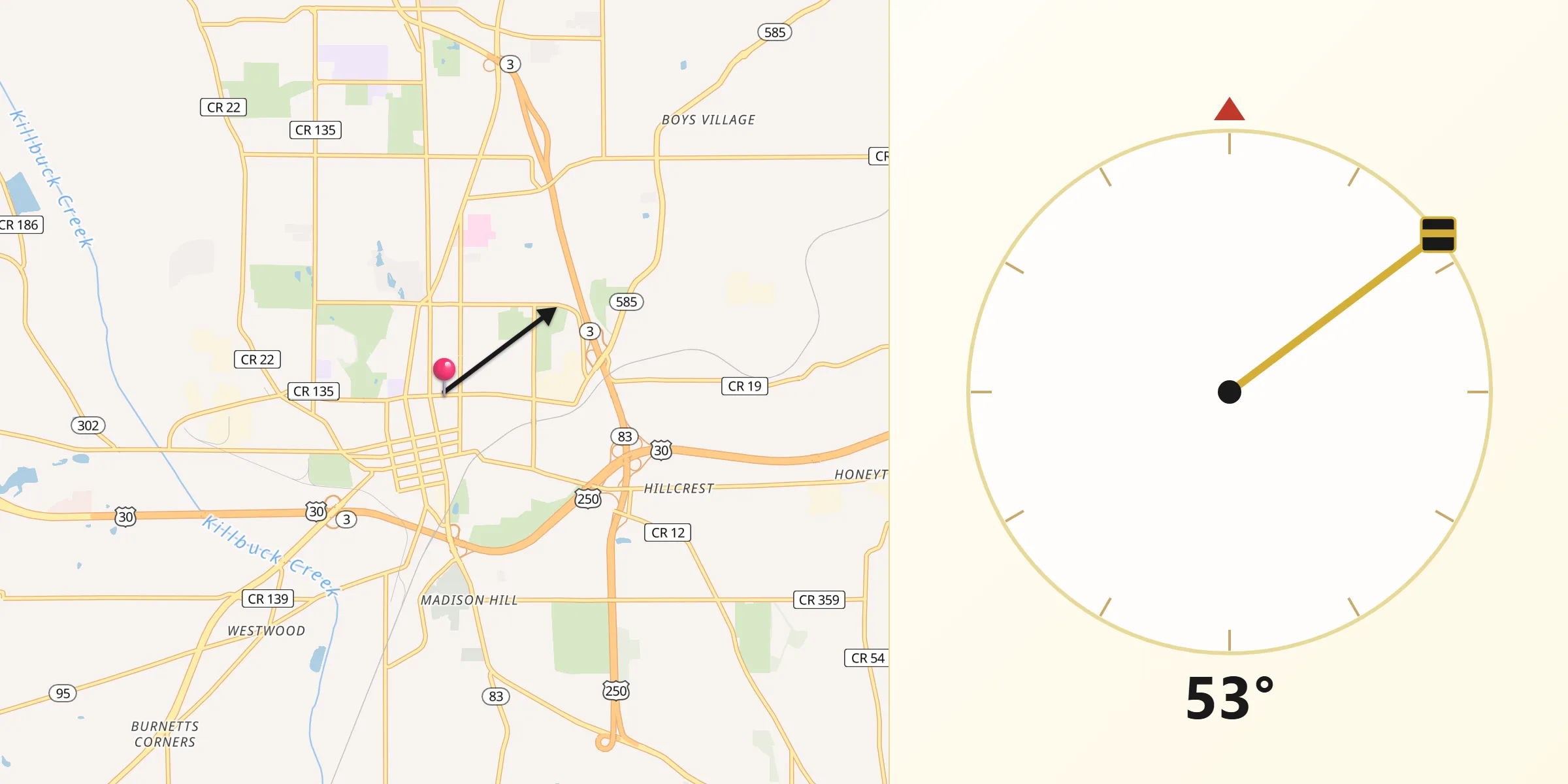 Qibla Direction from Wooster