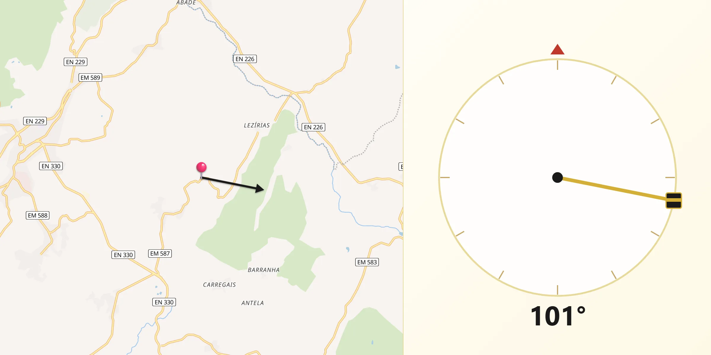 Direção da Qibla a partir de Souto de Aguiar da Beira
