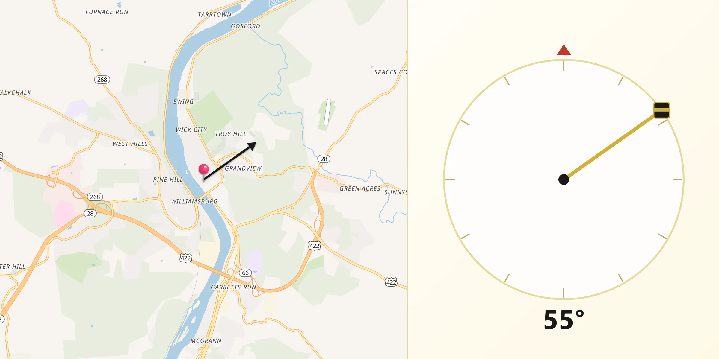 Qibla Direction from Kittanning